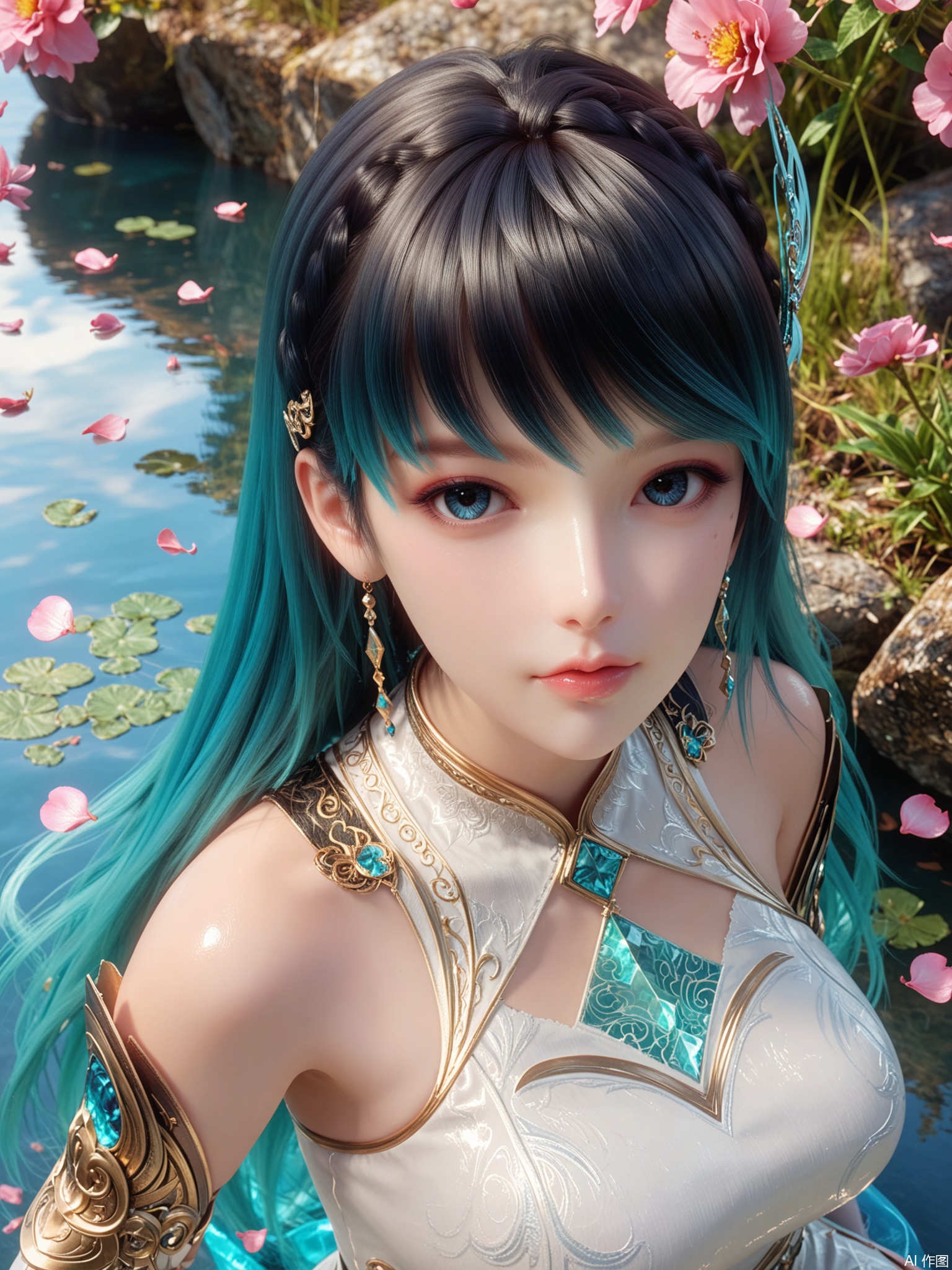 score_9,score_8_up,score_7_up,1girl,looking_at_viewer,realistic,1girl,Vivid Colors,bright environment,delicate water,hair_ornament,shiny skin,reflection,dress,flower sea,falling petals,extreme detail description,(upper body:0.3),put one hand on your side,long_hair,(skindentation:1.3),bright,sunshine on face,light,dress,sitting_down,eyes highlight,thighhighs,