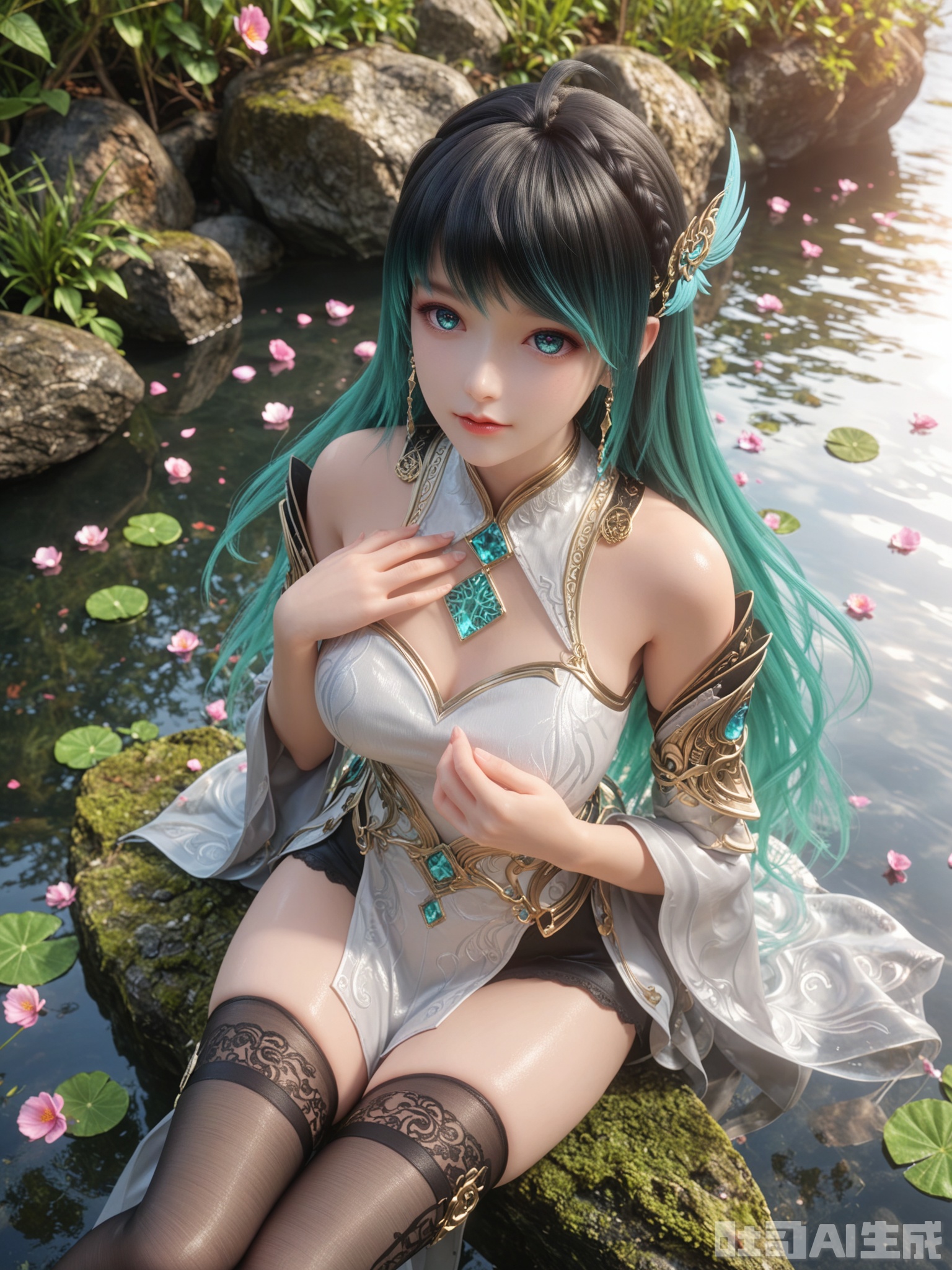 示词score_9,score_8_up,score_7_up,1girl,looking_at_viewer,realistic,1girl,Vivid Colors,bright environment,sunshine,god light,delicate water,hair_ornament,shiny skin,shiny hair,reflection,(wariza:1.2),dress,flower sea,falling petals,extreme detail description,bright sunlight,frontal lighting,(upper body:0.3),put one hand on your chest,hair,long_hair,(skindentation:1.3),Fishnet stockings,hair,sunshine on face,bright_pupils,light_eyes,sitting_down