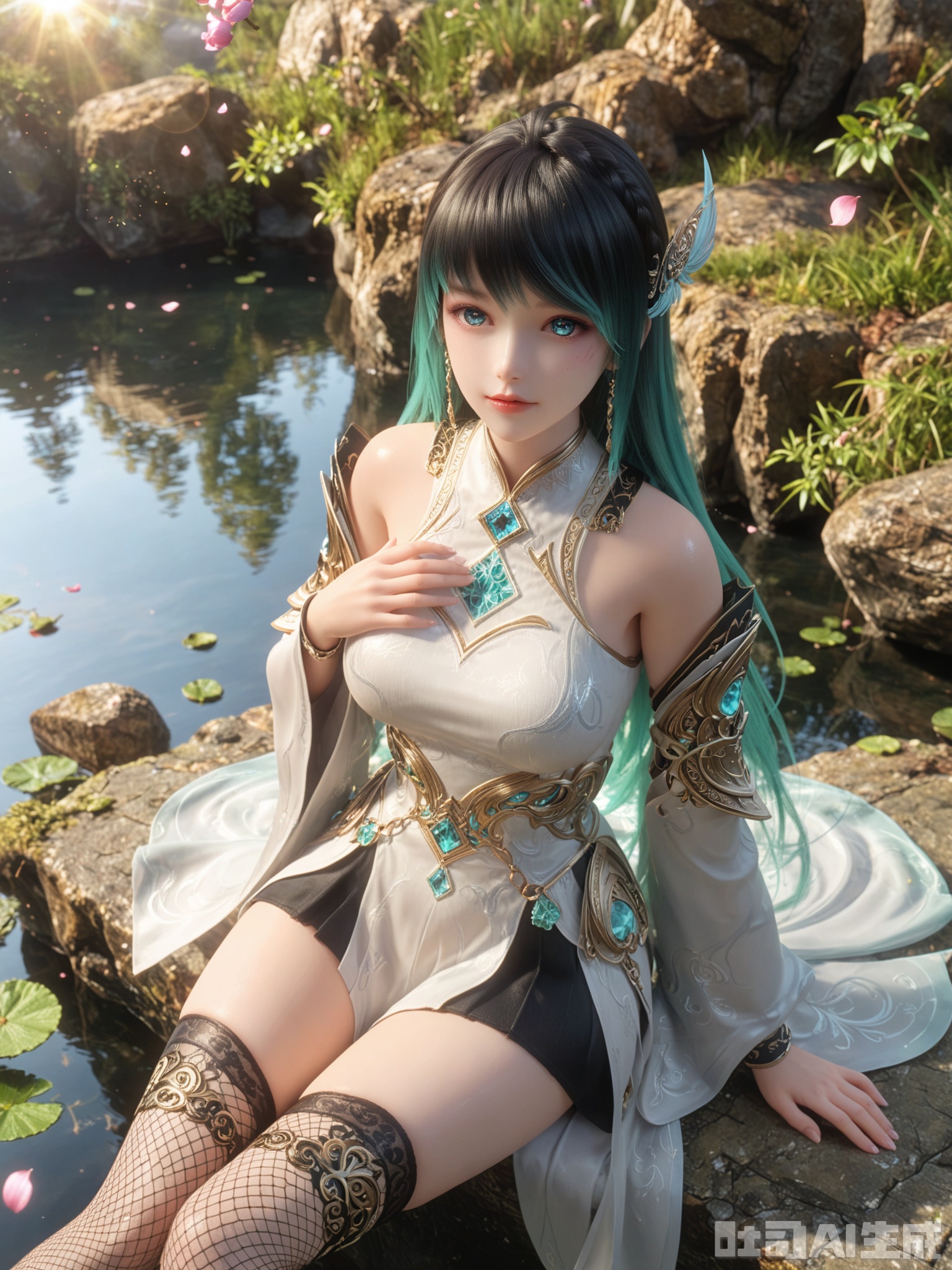 示词score_9,score_8_up,score_7_up,1girl,looking_at_viewer,realistic,1girl,Vivid Colors,bright environment,sunshine,god light,delicate water,hair_ornament,shiny skin,shiny hair,reflection,(wariza:1.2),dress,flower sea,falling petals,extreme detail description,bright sunlight,frontal lighting,(upper body:0.3),put one hand on your chest,hair,long_hair,(skindentation:1.3),Fishnet stockings,hair,sunshine on face,bright_pupils,light_eyes,sitting_down