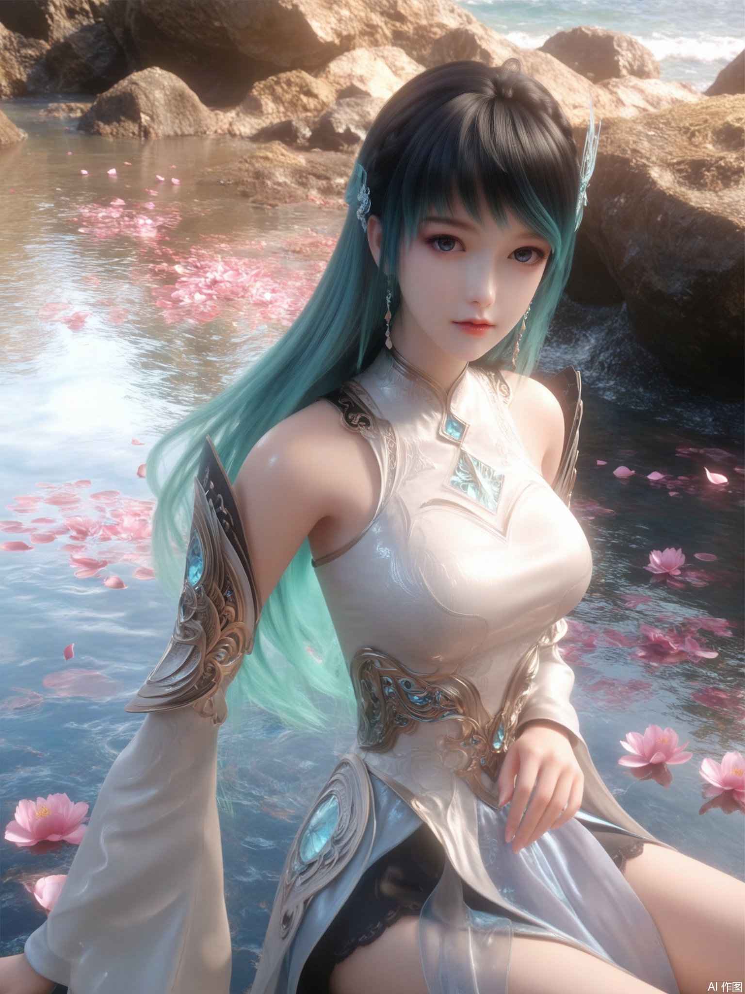 score_9,score_8_up,score_7_up,1girl,looking_at_viewer,realistic,1girl,Vivid Colors,bright environment,delicate water,hair_ornament,shiny skin,reflection,dress,flower sea,falling petals,extreme detail description,(upper body:0.3),put one hand on your side,long_hair,(skindentation:1.3),bright,sunshine on face,light,dress,light,sitting_down,eyes highlight