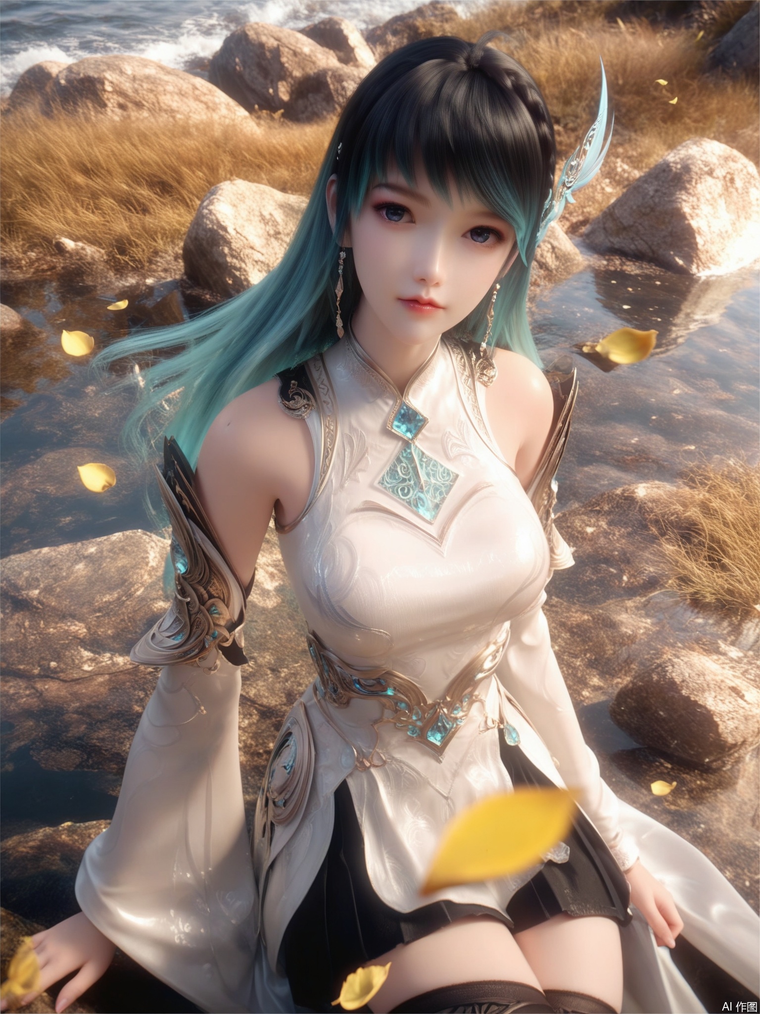 score_9,score_8_up,score_7_up,1girl,looking_at_viewer,realistic,1girl,Vivid Colors,bright environment,delicate water,hair_ornament,shiny skin,reflection,dress,flower sea,falling petals,extreme detail description,(upper body:0.3),put one hand on your side,long_hair,(skindentation:1.3),bright,sunshine on face,light,dress,sitting_down,eyes highlight,thighhighs,weapon