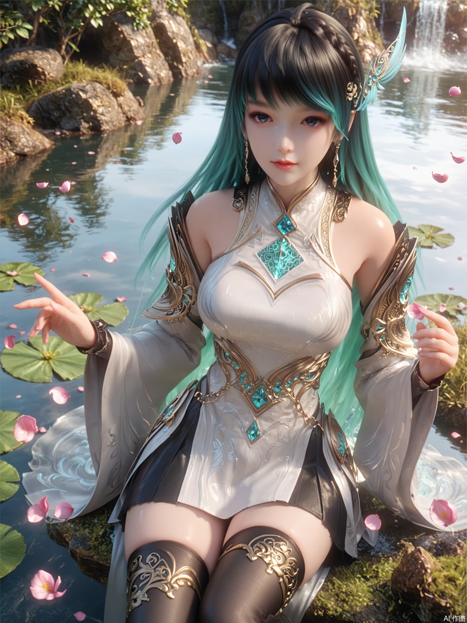score_9,score_8_up,score_7_up,1girl,looking_at_viewer,realistic,1girl,Vivid Colors,bright environment,delicate water,hair_ornament,shiny skin,reflection,dress,flower sea,falling petals,extreme detail description,(upper body:0.3),put one hand on your side,long_hair,(skindentation:1.3),bright,sunshine on face,light,dress,sitting_down,eyes highlight,thighhighs,