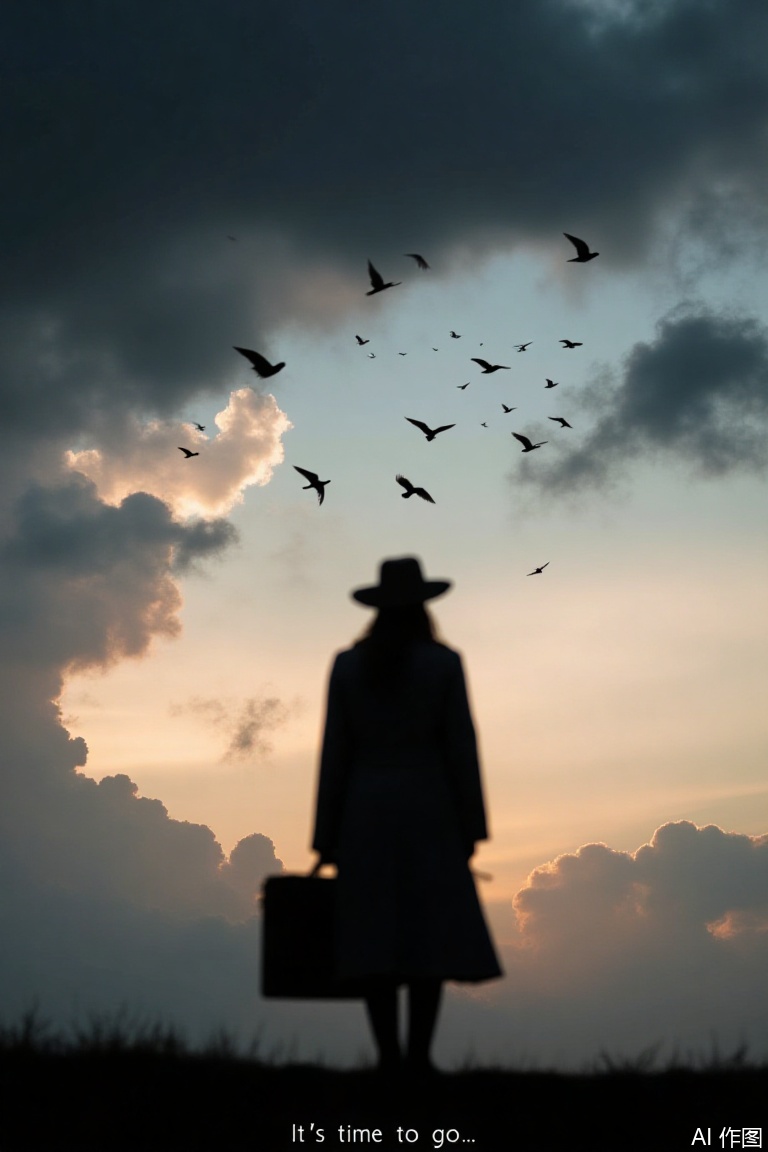 A silhouette of a person standing in the foreground, holding a briefcase and a camera. The individual wears a hat and a coat. Dramatic clouds fill the sky in the background, suggesting a stormy yet beautiful twilight. Flocks of birds are silhouetted against the sky, adding dynamism to the scene. The lighting and colors of the sky indicate dusk or dawn, creating a serene and contemplative atmosphere. Soft, warm hues blend into cooler tones, enhancing the sense of time passing. The text at the bottom reads, "It's time to go..." The composition highlights the person amidst the vastness of the sky, emphasizing solitude and reflection.