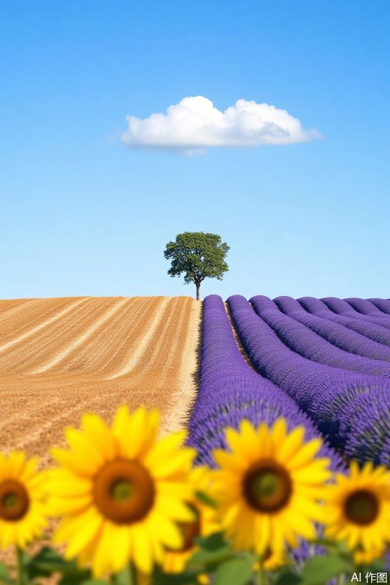 The image depicts a split landscape where the left half shows a field of golden-brown wheat crops swaying gently in the breeze, and the right half is filled with rows of vibrant lavender in full bloom. In the center of the split, a solitary tree with lush green foliage stands out against the clear blue sky. Above the tree, a single white cloud drifts lazily. In the foreground, several bright yellow sunflowers, slightly out of focus, create a vivid contrast with the lavender field. The sky is clear and blue, enhancing the overall serene and picturesque quality of the scene.