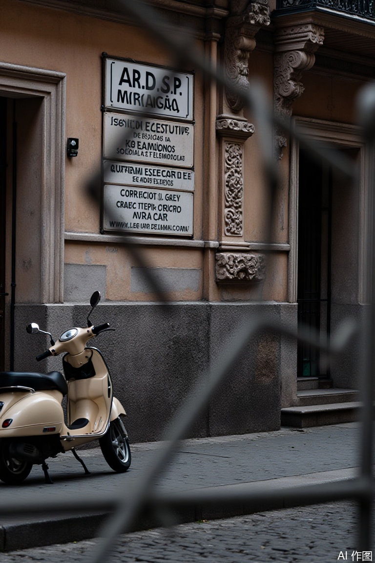 The image showcases a building with a sign prominently displaying "AR.D.S.P. MIRAGÃA" and "INSTITUTO DE ESTUDOS SOCIAIS E ECONOMICOS." The sign also features "CARREIO ELECTRICA E GELÊMIA E PROTEÇÃO E FISMAIS." In the foreground, a vintage scooter is parked on cobblestone pavement, and a fence partially obstructs the view. The urban setting highlights the building's historical or traditional architecture, with intricate stonework and ornate details. The scene is bathed in soft, natural daylight, enhancing the texture of the cobblestones and the rustic charm of the building.