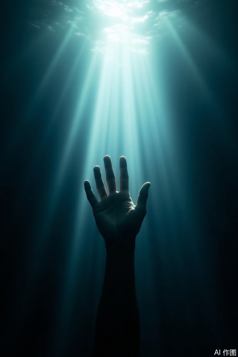 The image depicts a hand reaching upwards towards the light creating a striking contrast between the dark underwater background and the bright,
ethereal rays of sunlight. The hand is positioned centrally with fingers spread out and the light appears to be streaming from above casting a dramatic and almost surreal glow on the hand. The water around the hand is dark enhancing the contrast and emphasizing the hand's position as the focal point. The overall composition evokes a sense of aspiration or reaching towards the light with the hand appearing to be in motion as if it is being lifted or pulled by the rays of sunlight.,
