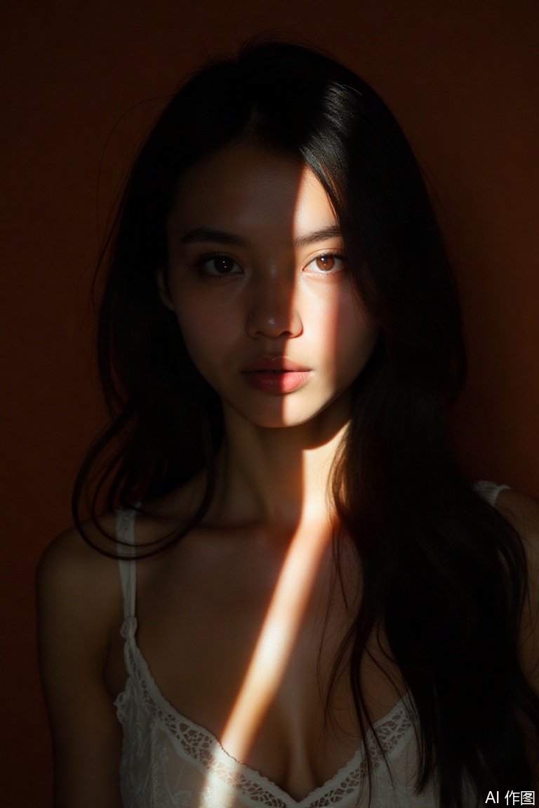 A person with long dark hair wears a delicate white lace top. Dramatic lighting casts shadows across their face, while a strong beam of light illuminates the left side, creating a striking contrast. The person's subtle expression shows their eyes looking directly at the camera. The background is a solid warm tone, possibly a wall, with no other objects or distractions. The composition emphasizes the interplay of light and shadow, enhancing the dramatic effect.