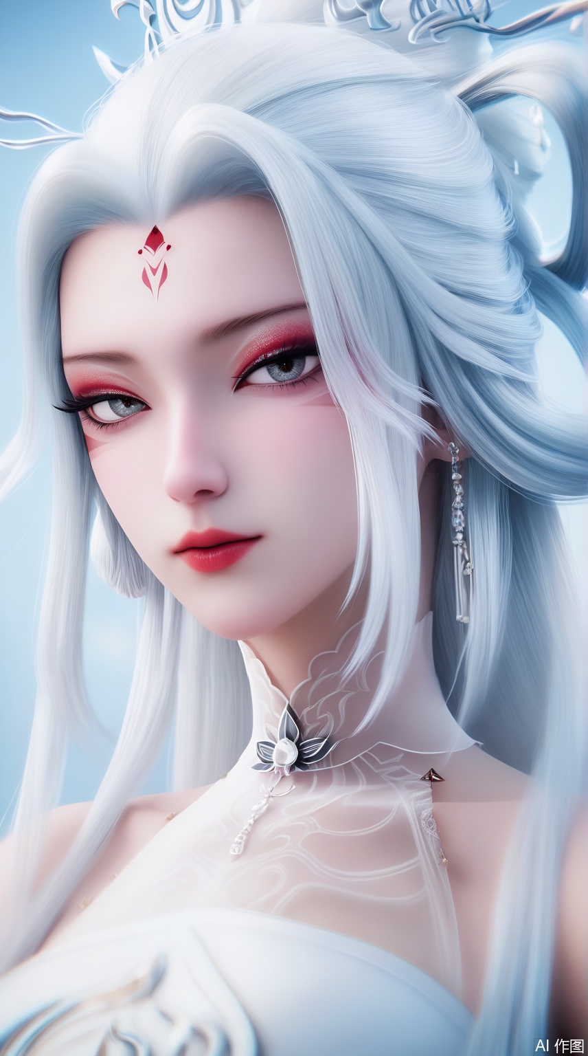 score_9_up,score_8_up,score_7_up,(Masterpiece, Best Quality, High Resolution, 8K Raw),absurdres, highres, Expressiveh, 
1girl, solo, long hair, looking at viewer, hair ornament, dress, bare shoulders, white hair, white dress, facial mark, hair rings, forehead mark, hair stick,eyeshadow,