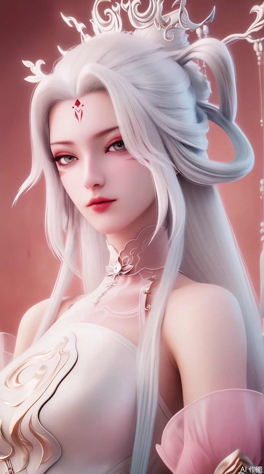 score_9_up,score_8_up,score_7_up,(Masterpiece, Best Quality, High Resolution, 8K Raw),absurdres, highres, Expressiveh, 
1girl, solo, long hair, looking at viewer, hair ornament, dress, bare shoulders, white hair, white dress, facial mark, hair rings, forehead mark, pink dress, hair stick