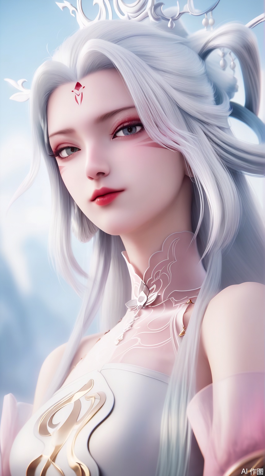 score_9_up,score_8_up,score_7_up,(Masterpiece, Best Quality, High Resolution, 8K Raw),absurdres, highres, Expressiveh, 
1girl, solo, long hair, looking at viewer, hair ornament, dress, bare shoulders, upper body, white hair, white dress, facial mark, hair rings, forehead mark, pink dress
