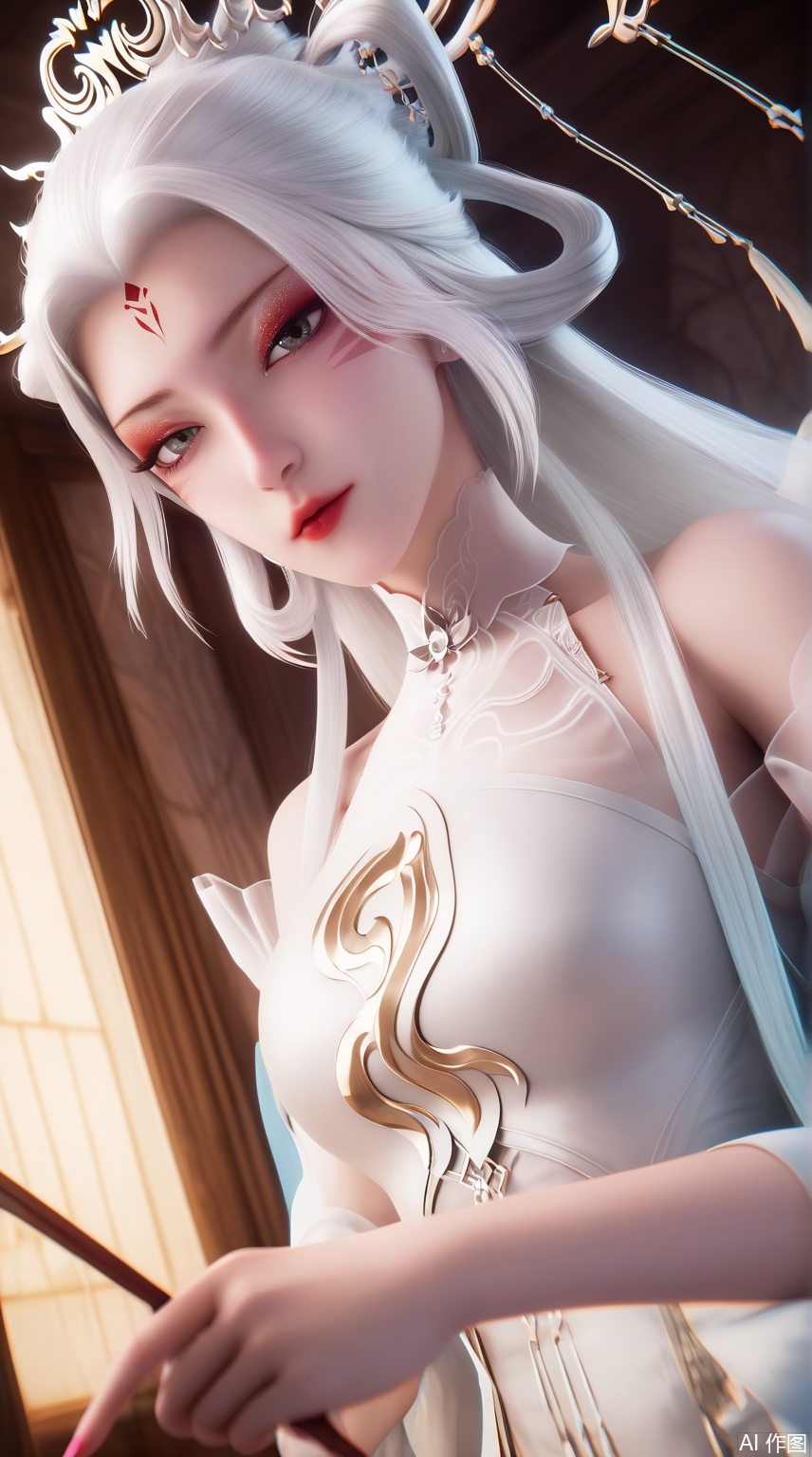 score_9_up,score_8_up,score_7_up,(Masterpiece, Best Quality, High Resolution, 8K Raw),absurdres, highres, Expressiveh, 
1girl, solo, long hair, looking at viewer, hair ornament, dress, bare shoulders, white hair, white dress, facial mark, hair rings, forehead mark, hair stick,eyeshadow, indoors,