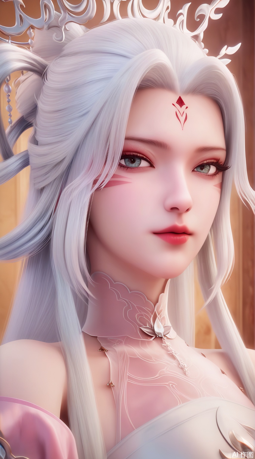 score_9_up,score_8_up,score_7_up,(Masterpiece, Best Quality, High Resolution, 8K Raw),absurdres, highres, Expressiveh, 
1girl, solo, long hair, looking at viewer, hair ornament, dress, bare shoulders, upper body, white hair, white dress, facial mark, hair rings, forehead mark, pink dress