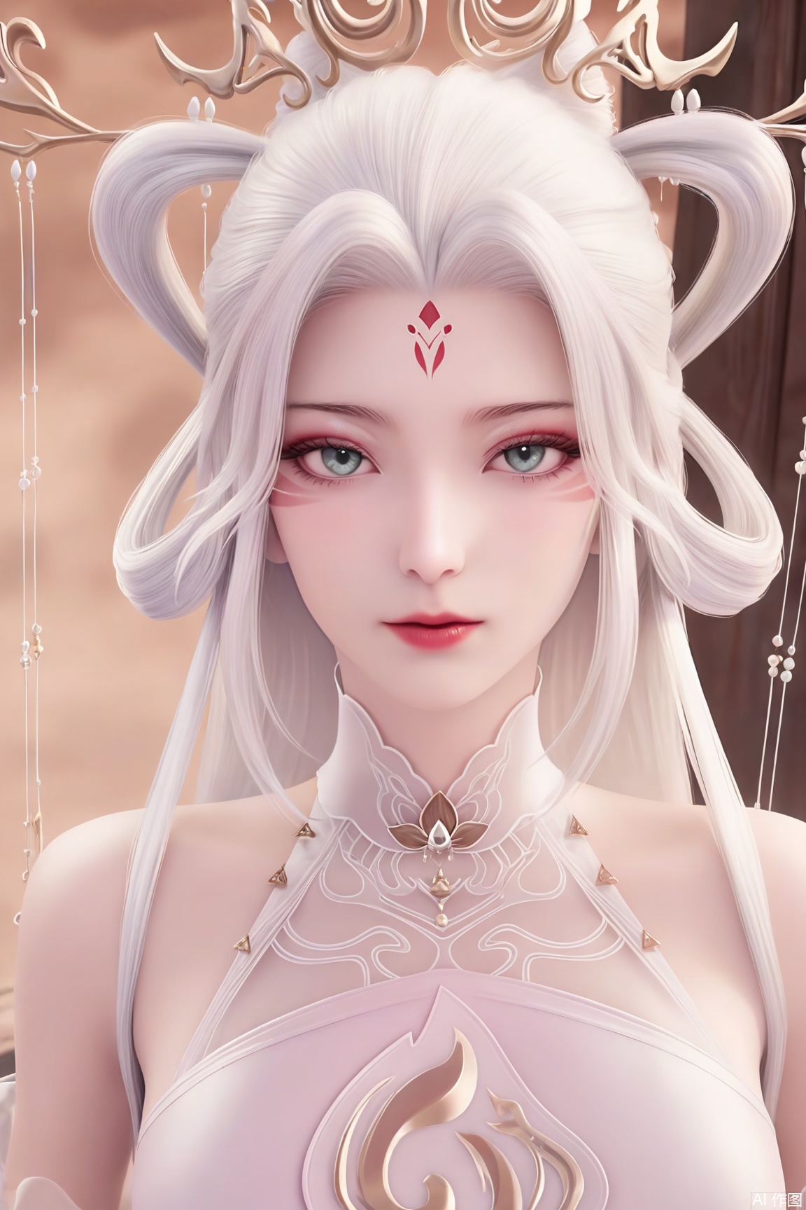 (Masterpiece, Best Quality, High Resolution, 8K Raw),absurdres, highres, Expressiveh, 
1girl, solo, long hair, looking at viewer, hair ornament, dress, bare shoulders, upper body, white hair, white dress, facial mark, hair rings, forehead mark, pink dress