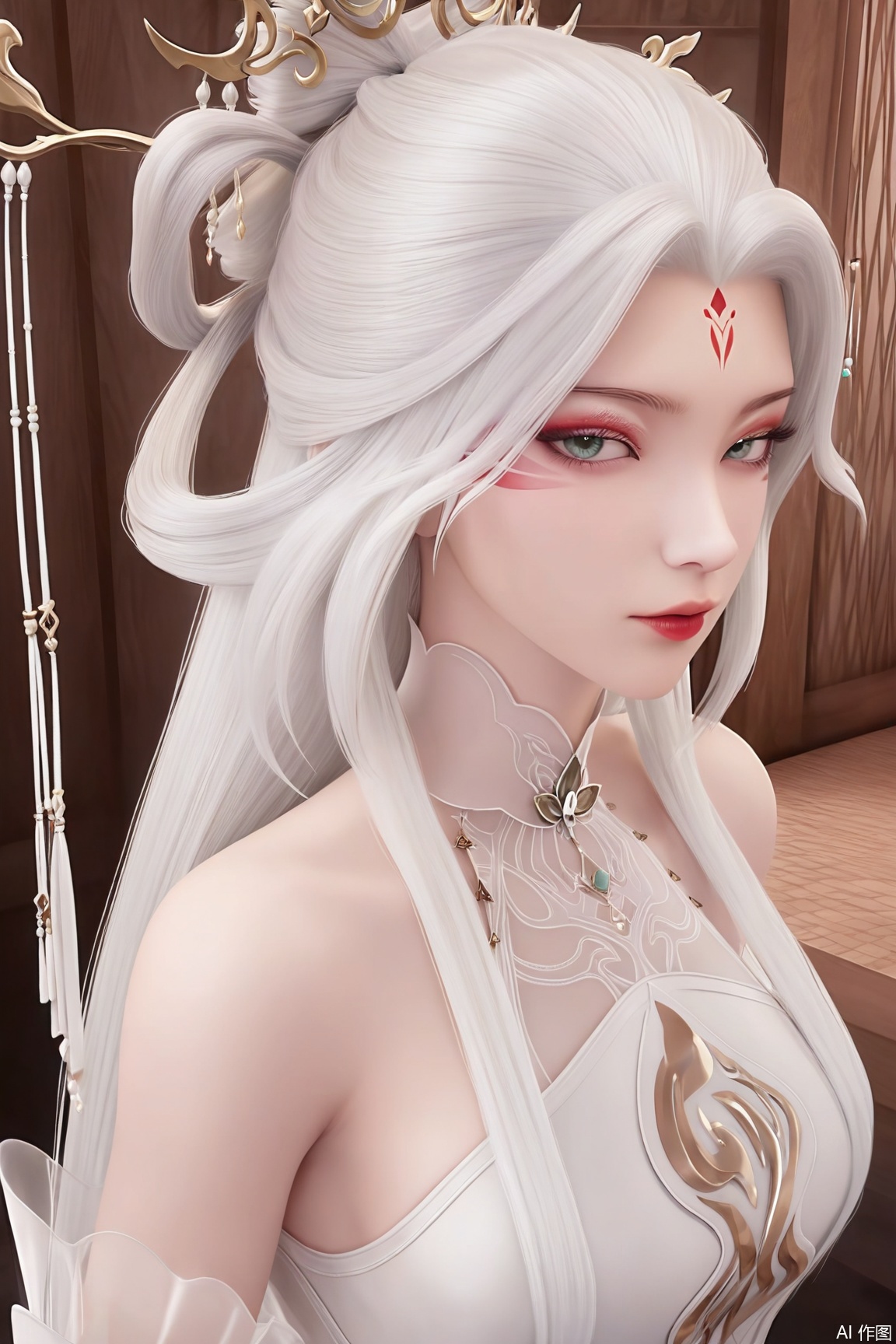 (Masterpiece, Best Quality, High Resolution, 8K Raw),absurdres, highres, Expressiveh, 
1girl, solo, long hair, looking at viewer, hair ornament, dress, bare shoulders, white hair, white dress, facial mark, hair rings, forehead mark, hair stick,eyeshadow, indoors,