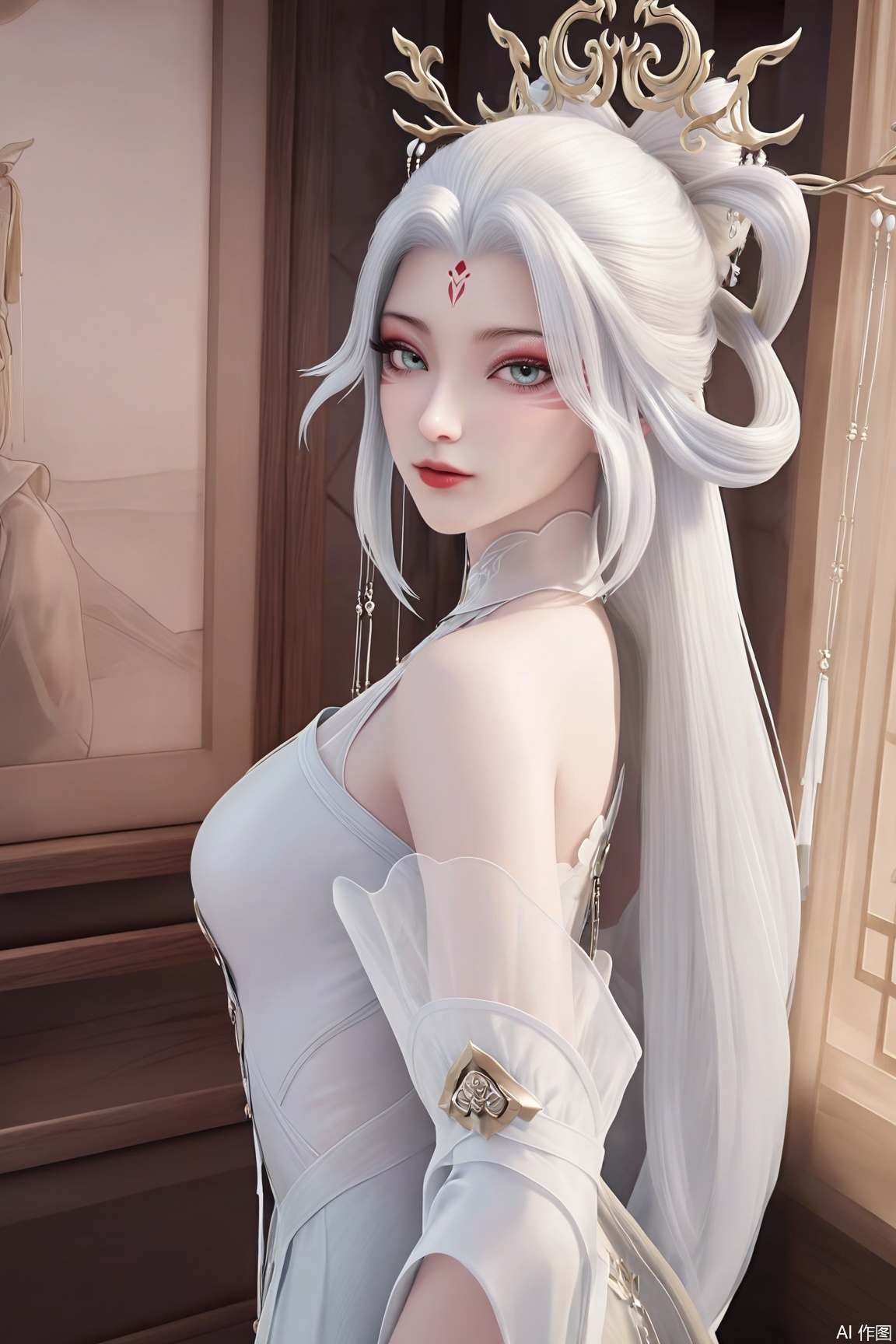 (Masterpiece, Best Quality, High Resolution, 8K Raw),absurdres, highres, Expressiveh, 
1girl, solo, long hair, looking at viewer, hair ornament, dress, bare shoulders, white hair, white dress, facial mark, hair rings, forehead mark, hair stick,eyeshadow, indoors,