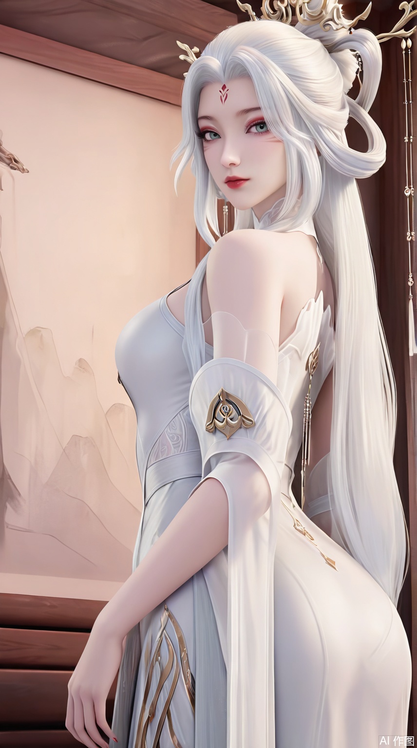 (Masterpiece, Best Quality, High Resolution, 8K Raw),absurdres, highres, Expressiveh, 
1girl, solo, long hair, looking at viewer, hair ornament, dress, bare shoulders, white hair, white dress, facial mark, hair rings, forehead mark, hair stick,eyeshadow, indoors,