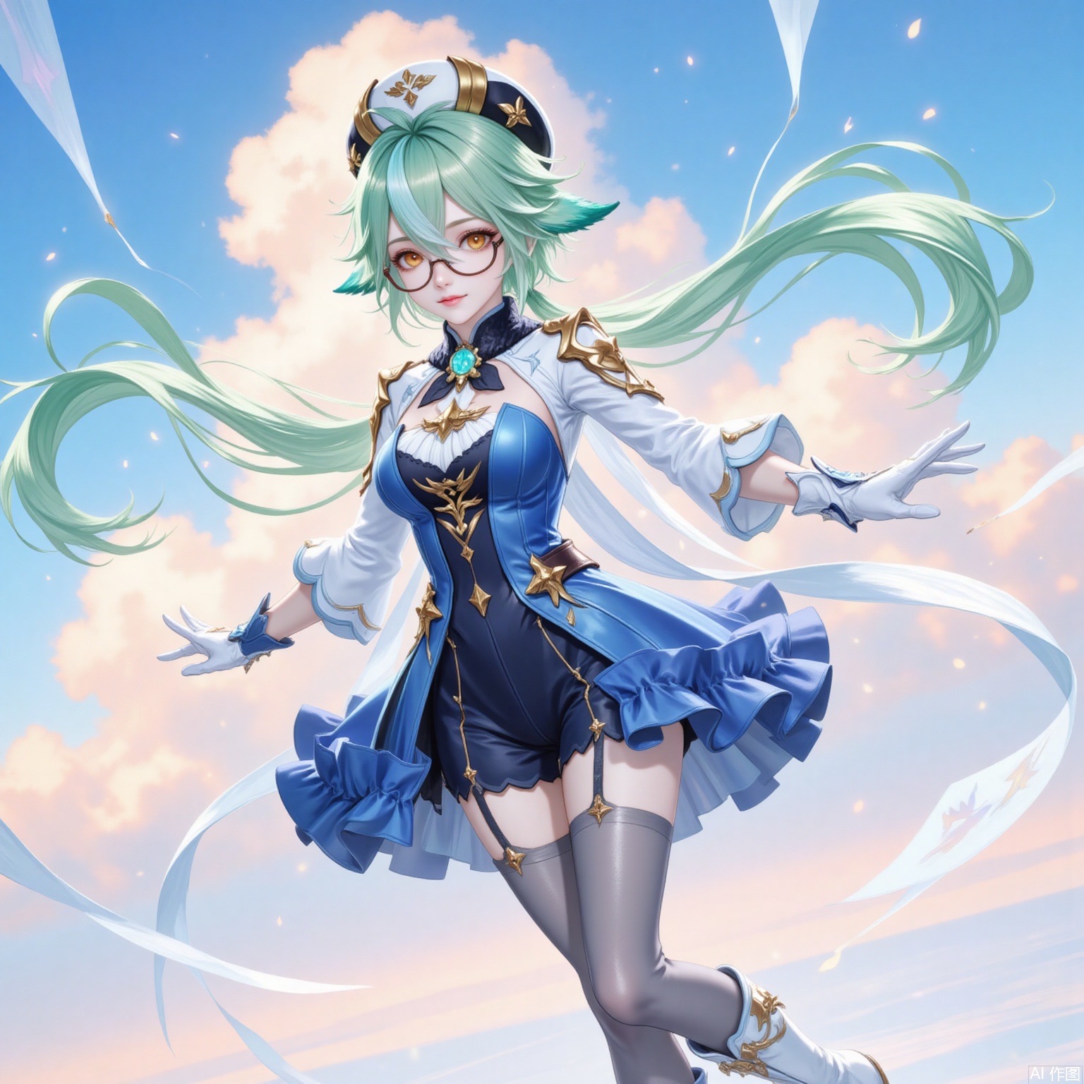 shatang,1girl, sucrose \(genshin impact\), solo, green hair, thighhighs, hat, gloves, long hair, boots, glasses, white footwear, vision \(genshin impact\), animal ears, semi-rimless eyewear, garter straps, full body, breasts, grey thighhighs, ponytail, knee boots, long sleeves, multicolored hair, gold trim, orange eyes, looking at viewer, white gloves, blue dress, beret, dress, sky, cloud, cat ears, smile, yellow eyes, closed mouth, floating hair,1,
cover,simple background,gradient_background,Close-up details,outstanding style,adding a touch of dimension to your images without compromising details,
lvjing