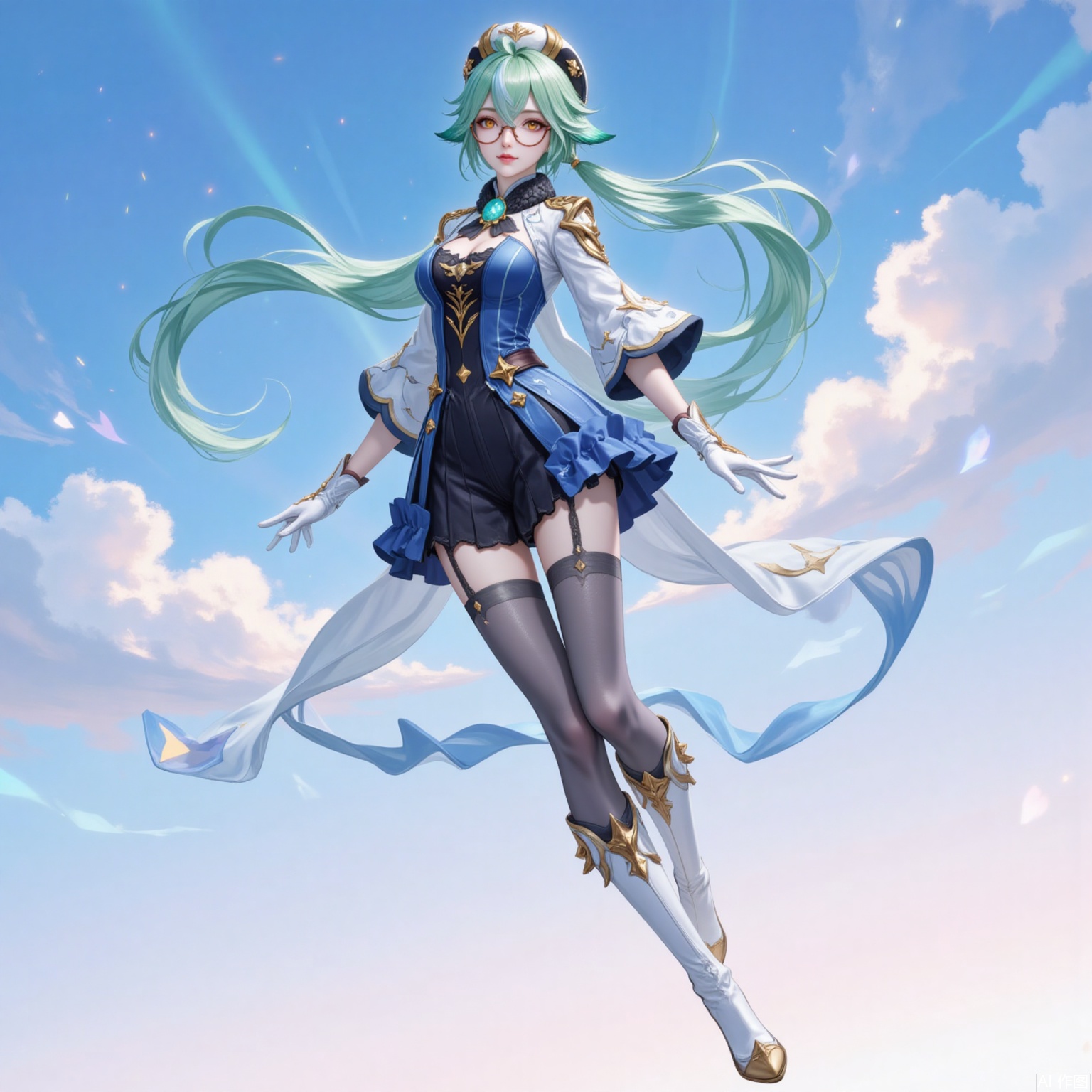 shatang,1girl, sucrose \(genshin impact\), solo, green hair, thighhighs, hat, gloves, long hair, boots, glasses, white footwear, vision \(genshin impact\), animal ears, semi-rimless eyewear, garter straps, full body, breasts, grey thighhighs, ponytail, knee boots, long sleeves, multicolored hair, gold trim, orange eyes, looking at viewer, white gloves, blue dress, beret, dress, sky, cloud, cat ears, smile, yellow eyes, closed mouth, floating hair,1,
cover,simple background,gradient_background,Close-up details,outstanding style,adding a touch of dimension to your images without compromising details,
lvjing