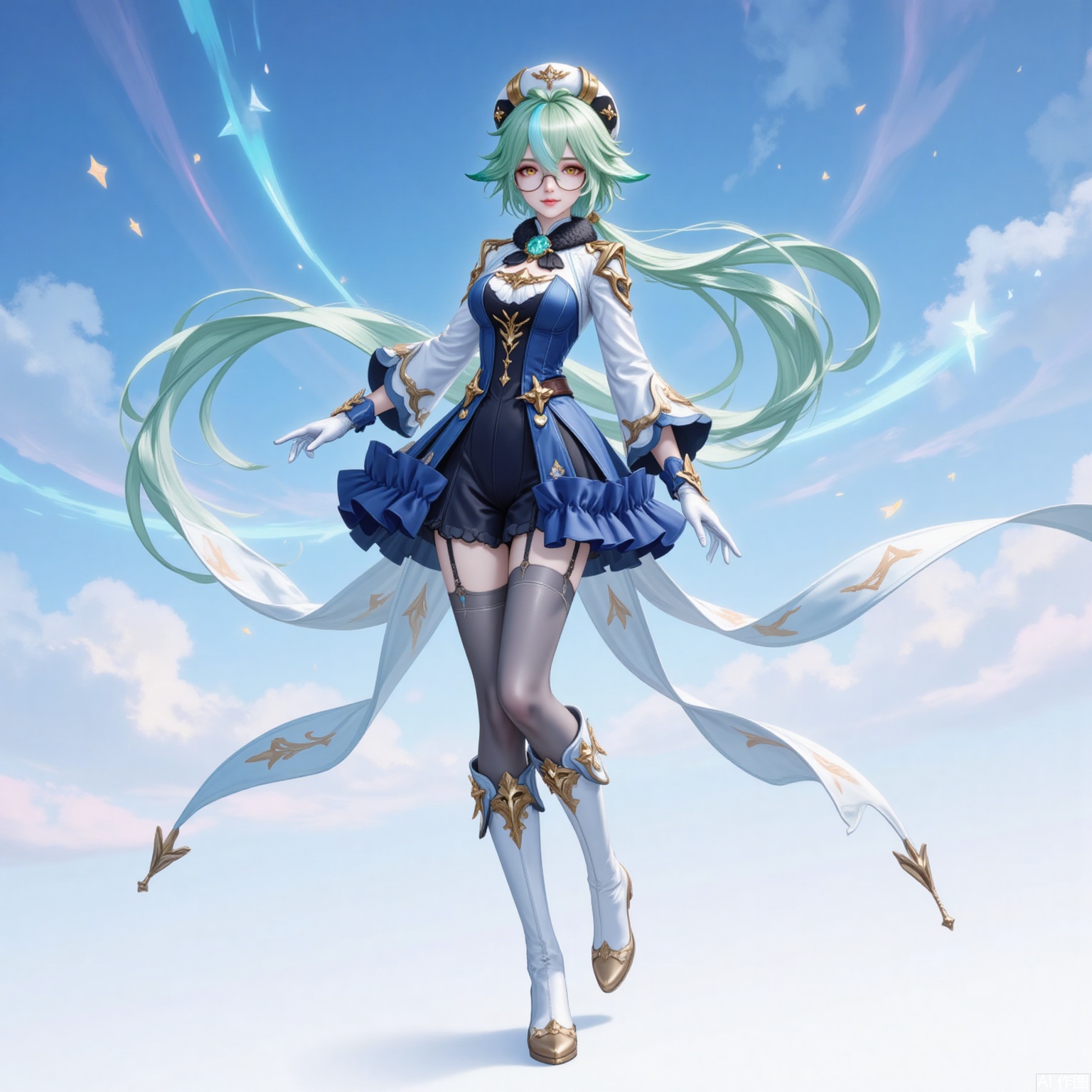 shatang,1girl, sucrose \(genshin impact\), solo, green hair, thighhighs, hat, gloves, long hair, boots, glasses, white footwear, vision \(genshin impact\), animal ears, semi-rimless eyewear, garter straps, full body, breasts, grey thighhighs, ponytail, knee boots, long sleeves, multicolored hair, gold trim, orange eyes, looking at viewer, white gloves, blue dress, beret, dress, sky, cloud, cat ears, smile, yellow eyes, closed mouth, floating hair,1,
cover,simple background,gradient_background,Close-up details,outstanding style,adding a touch of dimension to your images without compromising details,
lvjing