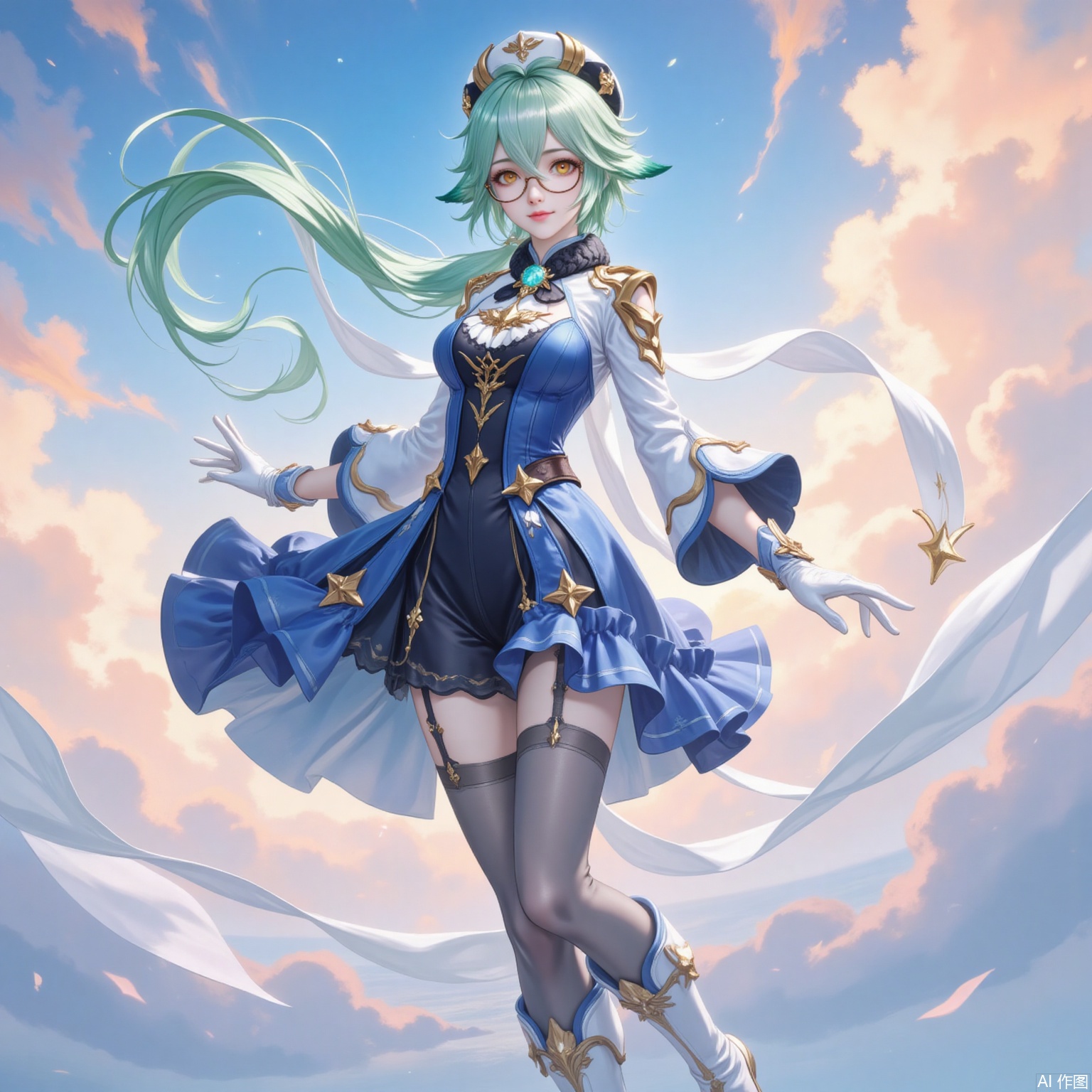 shatang,1girl, sucrose \(genshin impact\), solo, green hair, thighhighs, hat, gloves, long hair, boots, glasses, white footwear, vision \(genshin impact\), animal ears, semi-rimless eyewear, garter straps, full body, breasts, grey thighhighs, ponytail, knee boots, long sleeves, multicolored hair, gold trim, orange eyes, looking at viewer, white gloves, blue dress, beret, dress, sky, cloud, cat ears, smile, yellow eyes, closed mouth, floating hair,1,
cover,simple background,gradient_background,Close-up details,outstanding style,adding a touch of dimension to your images without compromising details,
lvjing