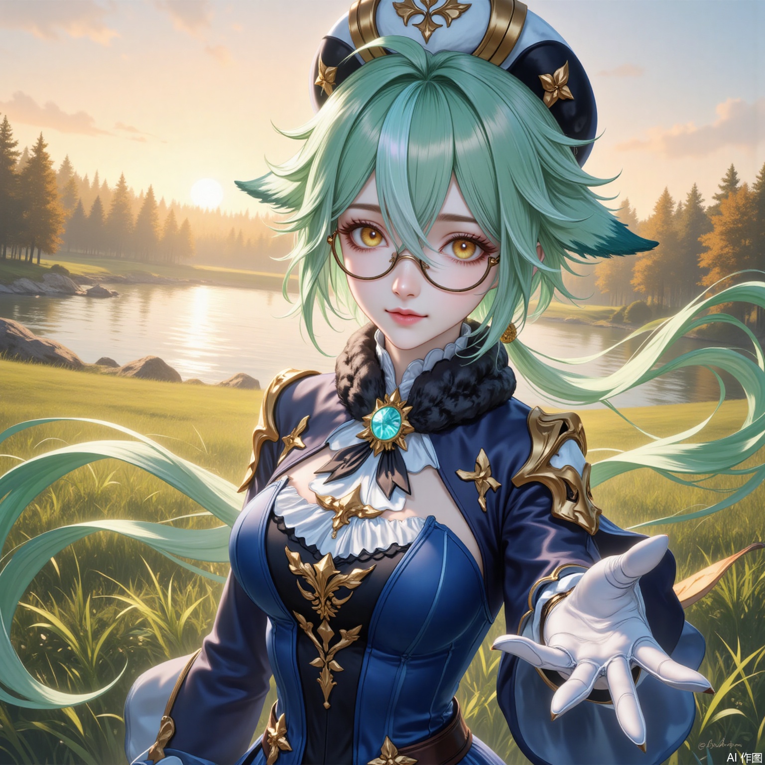 shatang,1girl, sucrose \(genshin impact\), solo, animal ears, green hair, outdoors, glasses, vision \(genshin impact\), hat, gloves, semi-rimless eyewear, long hair, dress, blue dress, white gloves, looking at viewer, long sleeves, breasts, grass, beret, gold trim, sky, floating hair, lake, tree, hair between eyes, yellow eyes, ponytail, orange eyes, frills, smile, copyright name, cat ears, closed mouth, water, sunset,6
cover,simple background,gradient_background,Close-up details,outstanding style,adding a touch of dimension to your images without compromising details,
lvjing