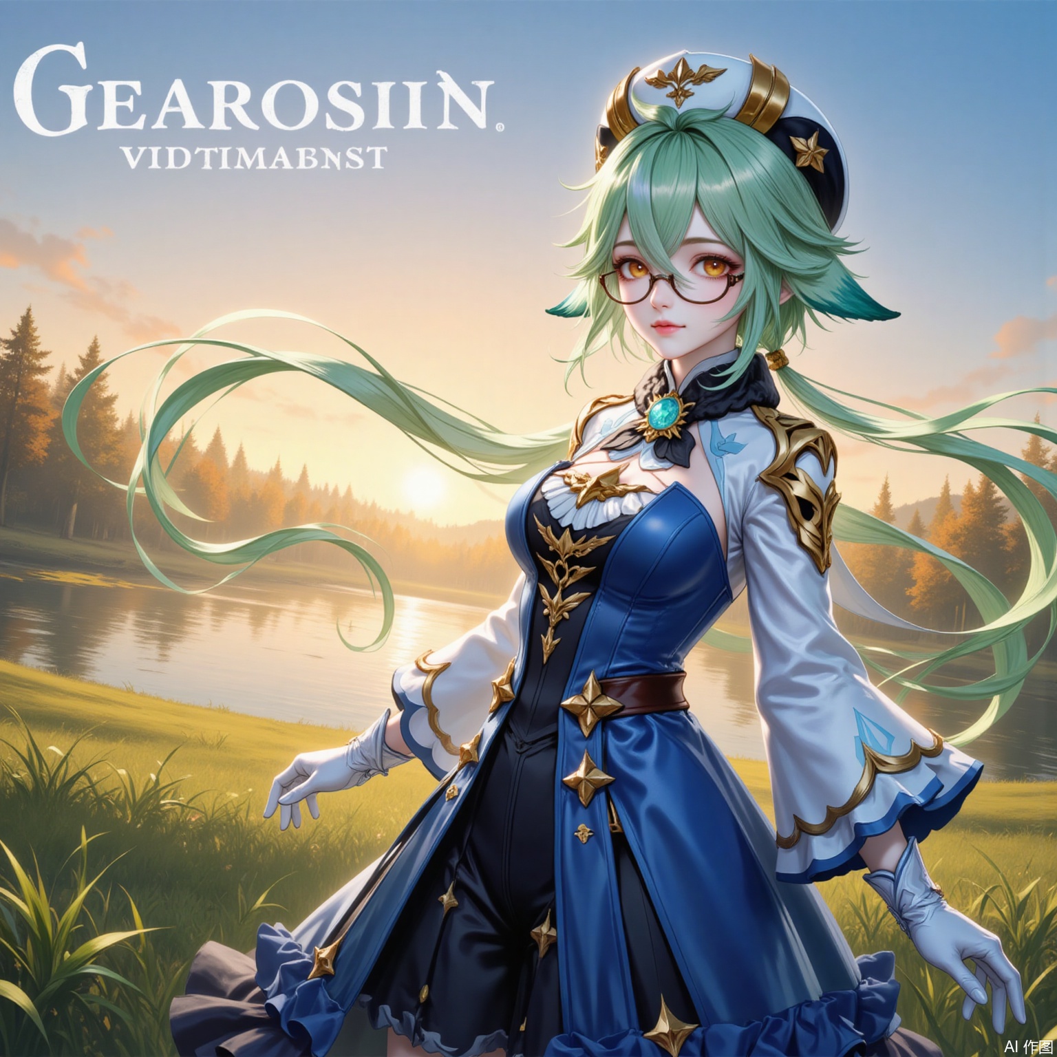 shatang,1girl, sucrose \(genshin impact\), solo, animal ears, green hair, outdoors, glasses, vision \(genshin impact\), hat, gloves, semi-rimless eyewear, long hair, dress, blue dress, white gloves, looking at viewer, long sleeves, breasts, grass, beret, gold trim, sky, floating hair, lake, tree, hair between eyes, yellow eyes, ponytail, orange eyes, frills, smile, copyright name, cat ears, closed mouth, water, sunset,6
cover,simple background,gradient_background,Close-up details,outstanding style,adding a touch of dimension to your images without compromising details,
lvjing