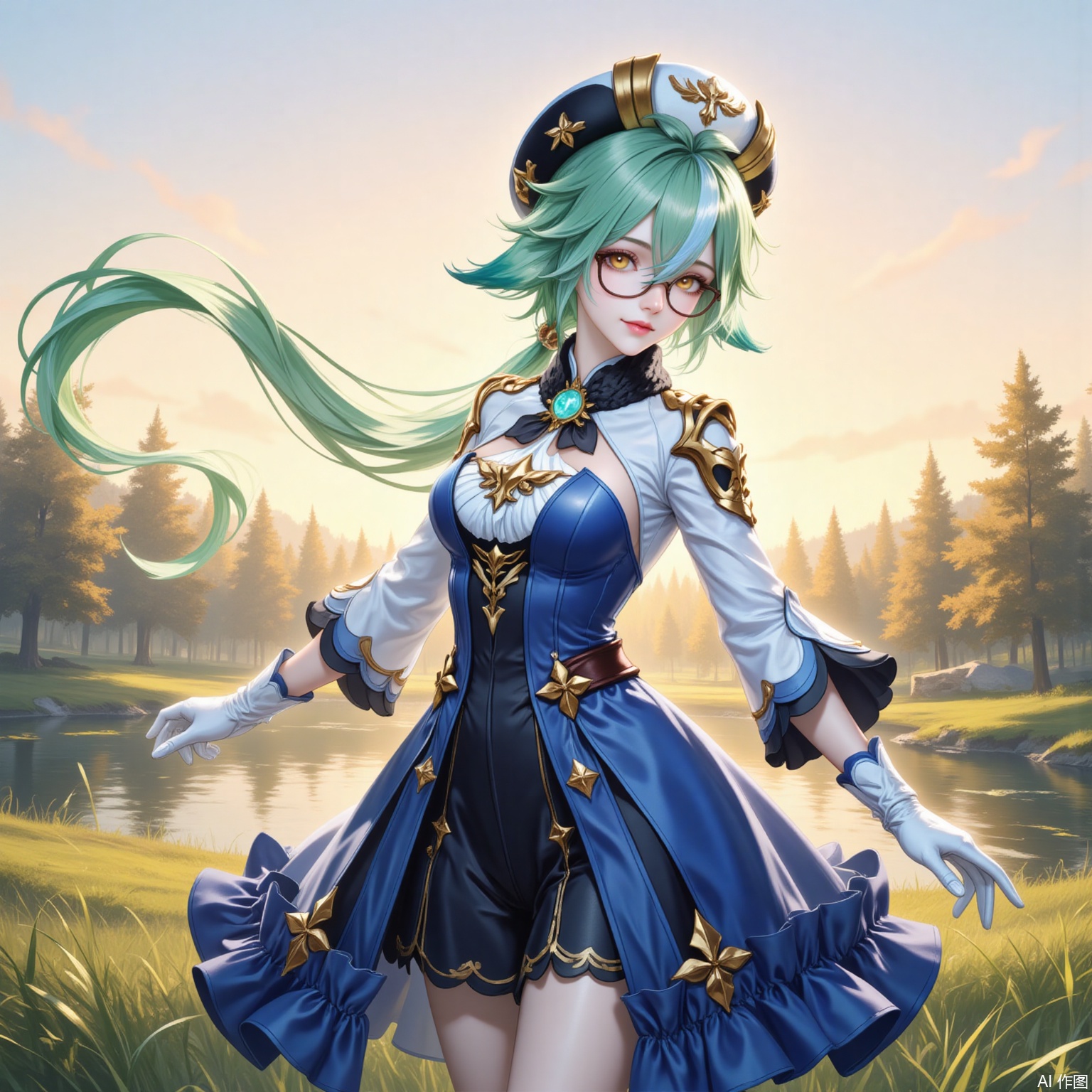 shatang,1girl, sucrose \(genshin impact\), solo, animal ears, green hair, outdoors, glasses, vision \(genshin impact\), hat, gloves, semi-rimless eyewear, long hair, dress, blue dress, white gloves, looking at viewer, long sleeves, breasts, grass, beret, gold trim, sky, floating hair, lake, tree, hair between eyes, yellow eyes, ponytail, orange eyes, frills, smile, copyright name, cat ears, closed mouth, water, sunset,6
cover,simple background,gradient_background,Close-up details,outstanding style,adding a touch of dimension to your images without compromising details,
lvjing