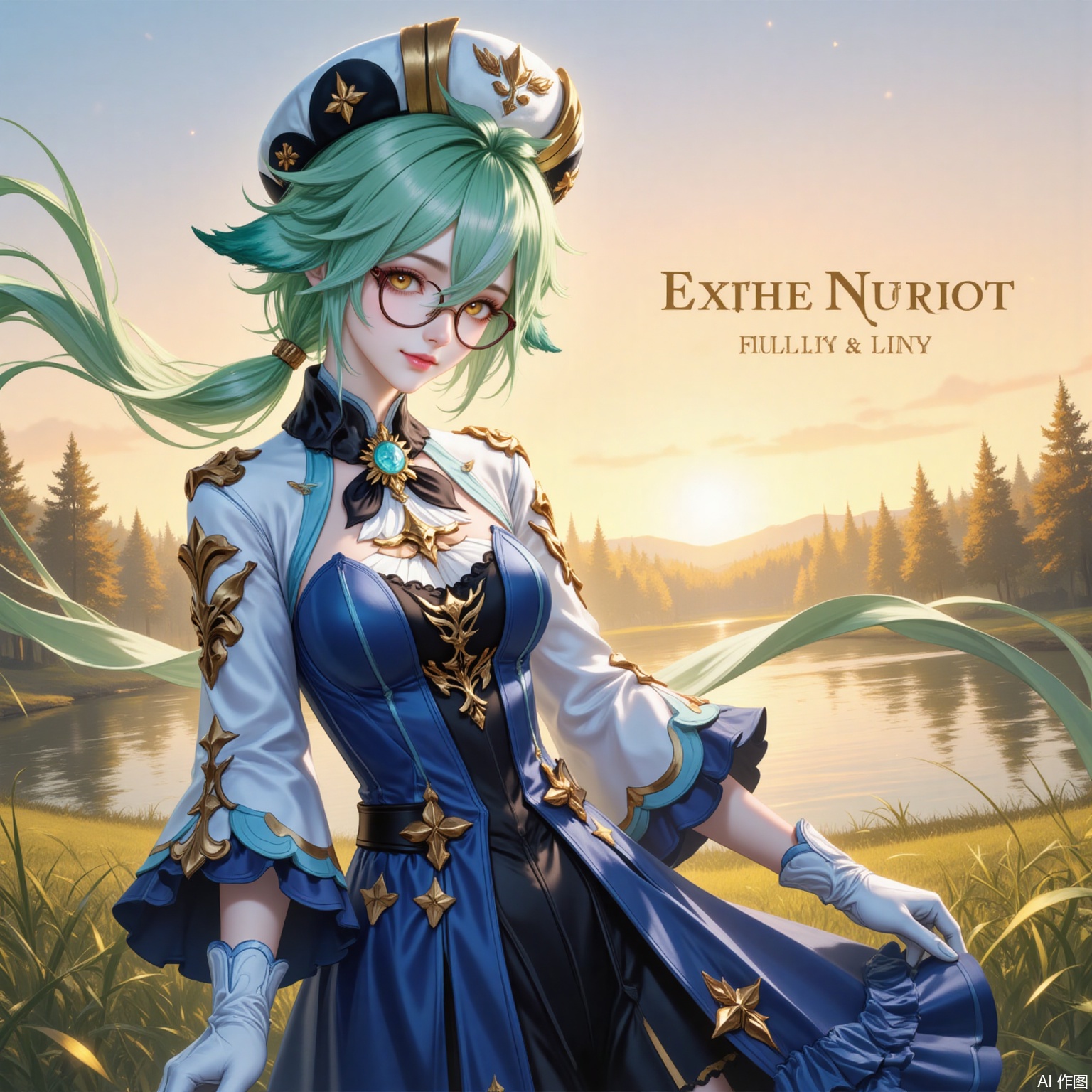 shatang,1girl, sucrose \(genshin impact\), solo, animal ears, green hair, outdoors, glasses, vision \(genshin impact\), hat, gloves, semi-rimless eyewear, long hair, dress, blue dress, white gloves, looking at viewer, long sleeves, breasts, grass, beret, gold trim, sky, floating hair, lake, tree, hair between eyes, yellow eyes, ponytail, orange eyes, frills, smile, copyright name, cat ears, closed mouth, water, sunset,6
cover,simple background,gradient_background,Close-up details,outstanding style,adding a touch of dimension to your images without compromising details,
lvjing