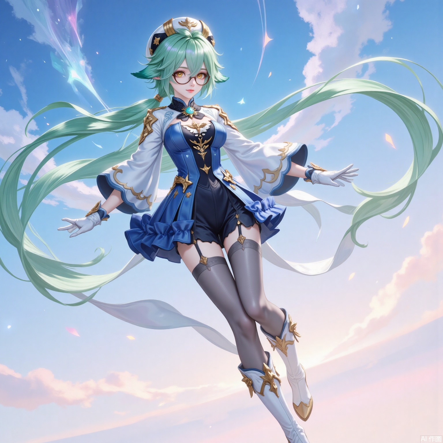 shatang,1girl, sucrose \(genshin impact\), solo, green hair, thighhighs, hat, gloves, long hair, boots, glasses, white footwear, vision \(genshin impact\), animal ears, semi-rimless eyewear, garter straps, full body, breasts, grey thighhighs, ponytail, knee boots, long sleeves, multicolored hair, gold trim, orange eyes, looking at viewer, white gloves, blue dress, beret, dress, sky, cloud, cat ears, smile, yellow eyes, closed mouth, floating hair,1,
cover,simple background,gradient_background,Close-up details,outstanding style,adding a touch of dimension to your images without compromising details,
lvjing