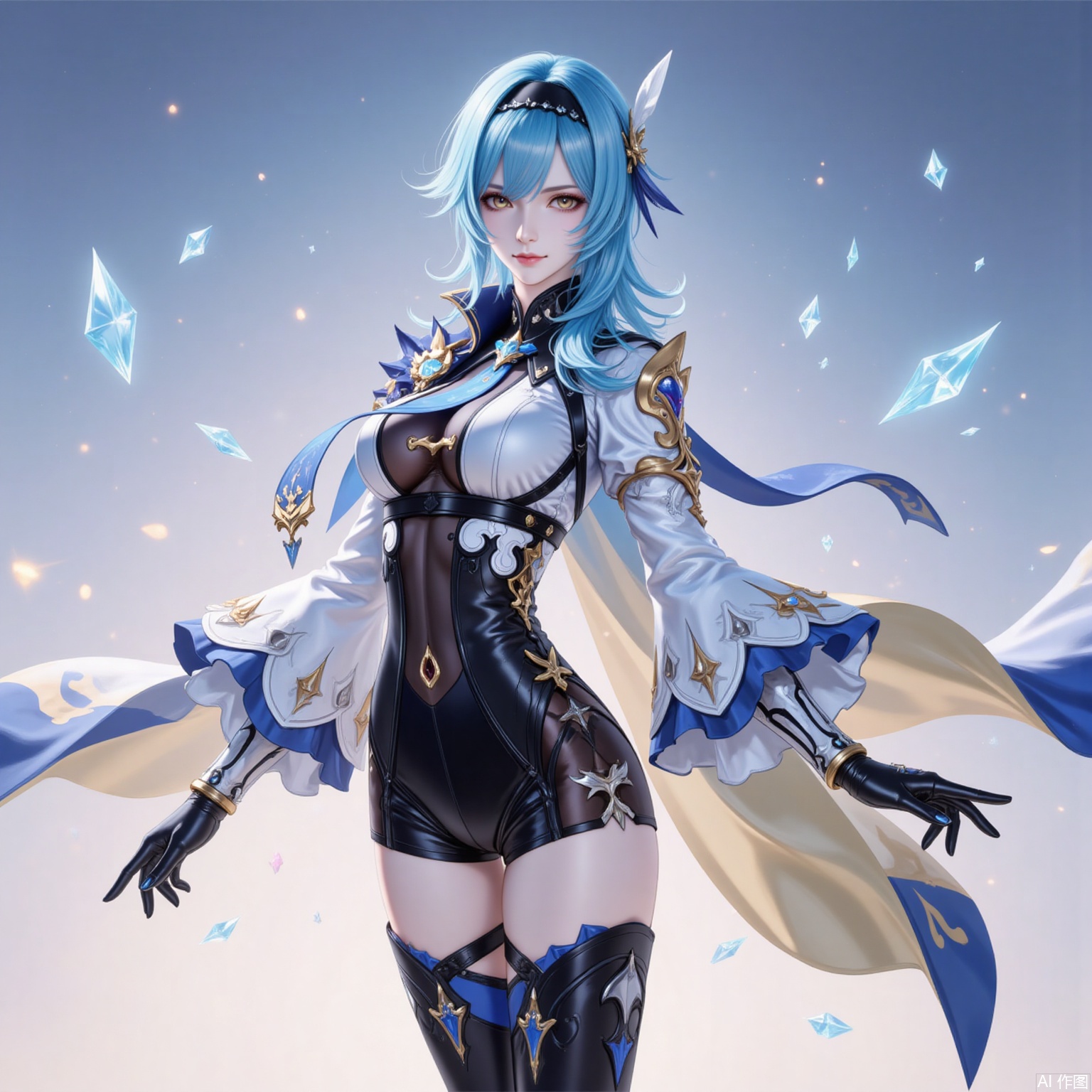 1girl,eula \(genshin impact\),solo,blue hair,breasts,hairband,gloves,thighhighs,full body,boots,necktie,thigh boots,blue necktie,long sleeves,looking at viewer,medium hair,black hairband,black gloves,yellow eyes,leotard,medium breasts,thighs,high-waist shorts,black thighhighs,hair ornament,black leotard,vision \(genshin impact\),cape,shorts,covered navel,black footwear,wide sleeves,smile,standing,1,,
cover,simple background,gradient_background,Close-up details,outstanding style,adding a touch of dimension to your images without compromising details,
lvjing,youla