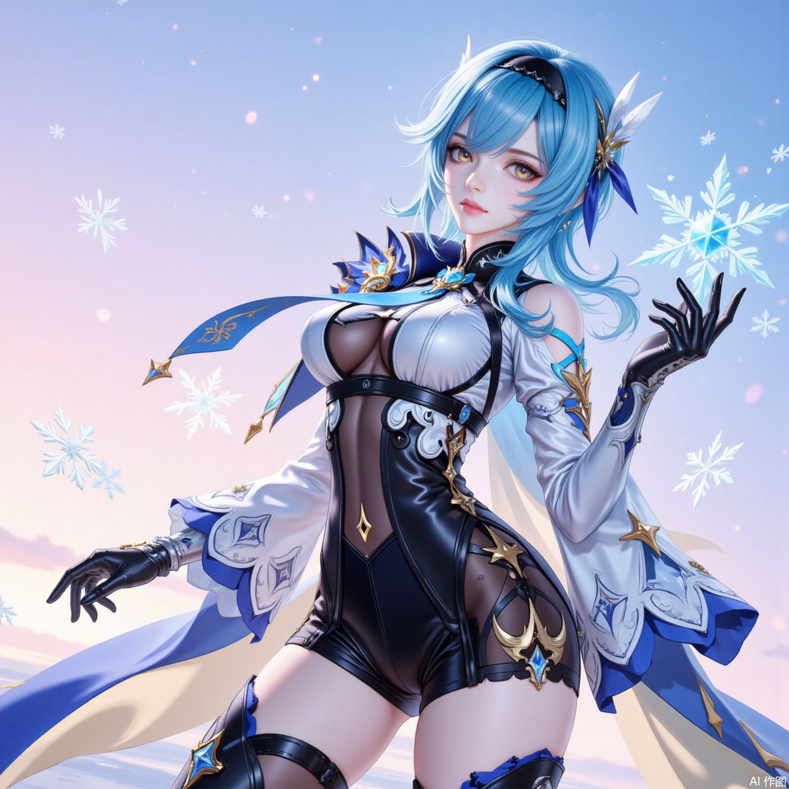 1girl, eula \(genshin impact\), solo, blue hair, breasts, gloves, hairband, thighhighs, necktie, long sleeves, looking at viewer, medium hair, black hairband, thigh boots, black gloves, vision \(genshin impact\), parted lips, cape, hair ornament, yellow eyes, snowflakes, boots, blue cape, blue necktie, sky, medium breasts, thighs, black thighhighs, outdoors, shorts, leotard, high-waist shorts, wide sleeves, standing, hand up, black leotard, clothing cutout, bodystocking, shoulder cutout, hair between eyes, gradient sky, multicolored eyes, sidelocks,7,
cover,simple background,gradient_background,Close-up details,outstanding style,adding a touch of dimension to your images without compromising details,
lvjing,youla