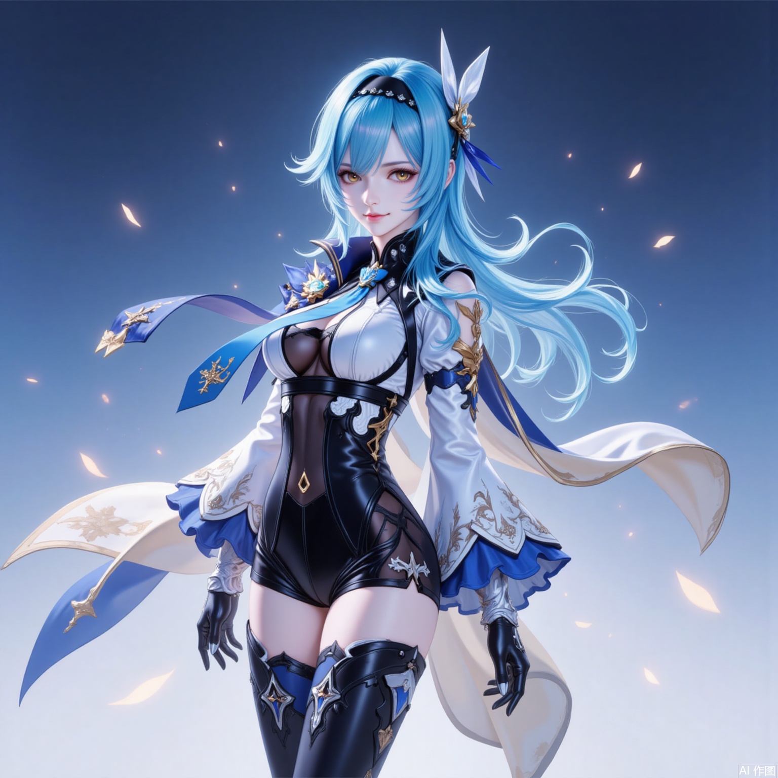 1girl,eula \(genshin impact\),solo,blue hair,breasts,hairband,gloves,thighhighs,full body,boots,necktie,thigh boots,blue necktie,long sleeves,looking at viewer,medium hair,black hairband,black gloves,yellow eyes,leotard,medium breasts,thighs,high-waist shorts,black thighhighs,hair ornament,black leotard,vision \(genshin impact\),cape,shorts,covered navel,black footwear,wide sleeves,smile,standing,1,,
cover,simple background,gradient_background,Close-up details,outstanding style,adding a touch of dimension to your images without compromising details,
lvjing,youla