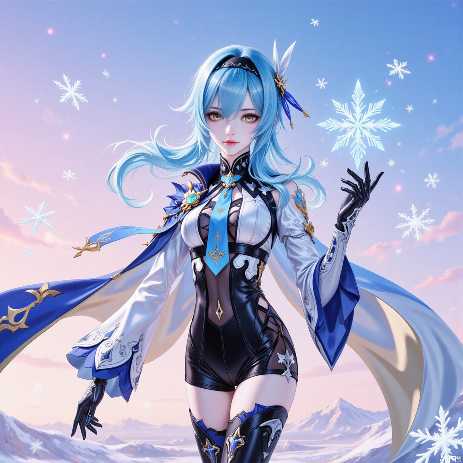 1girl, eula \(genshin impact\), solo, blue hair, breasts, gloves, hairband, thighhighs, necktie, long sleeves, looking at viewer, medium hair, black hairband, thigh boots, black gloves, vision \(genshin impact\), parted lips, cape, hair ornament, yellow eyes, snowflakes, boots, blue cape, blue necktie, sky, medium breasts, thighs, black thighhighs, outdoors, shorts, leotard, high-waist shorts, wide sleeves, standing, hand up, black leotard, clothing cutout, bodystocking, shoulder cutout, hair between eyes, gradient sky, multicolored eyes, sidelocks,7,
cover,simple background,gradient_background,Close-up details,outstanding style,adding a touch of dimension to your images without compromising details,
lvjing,youla