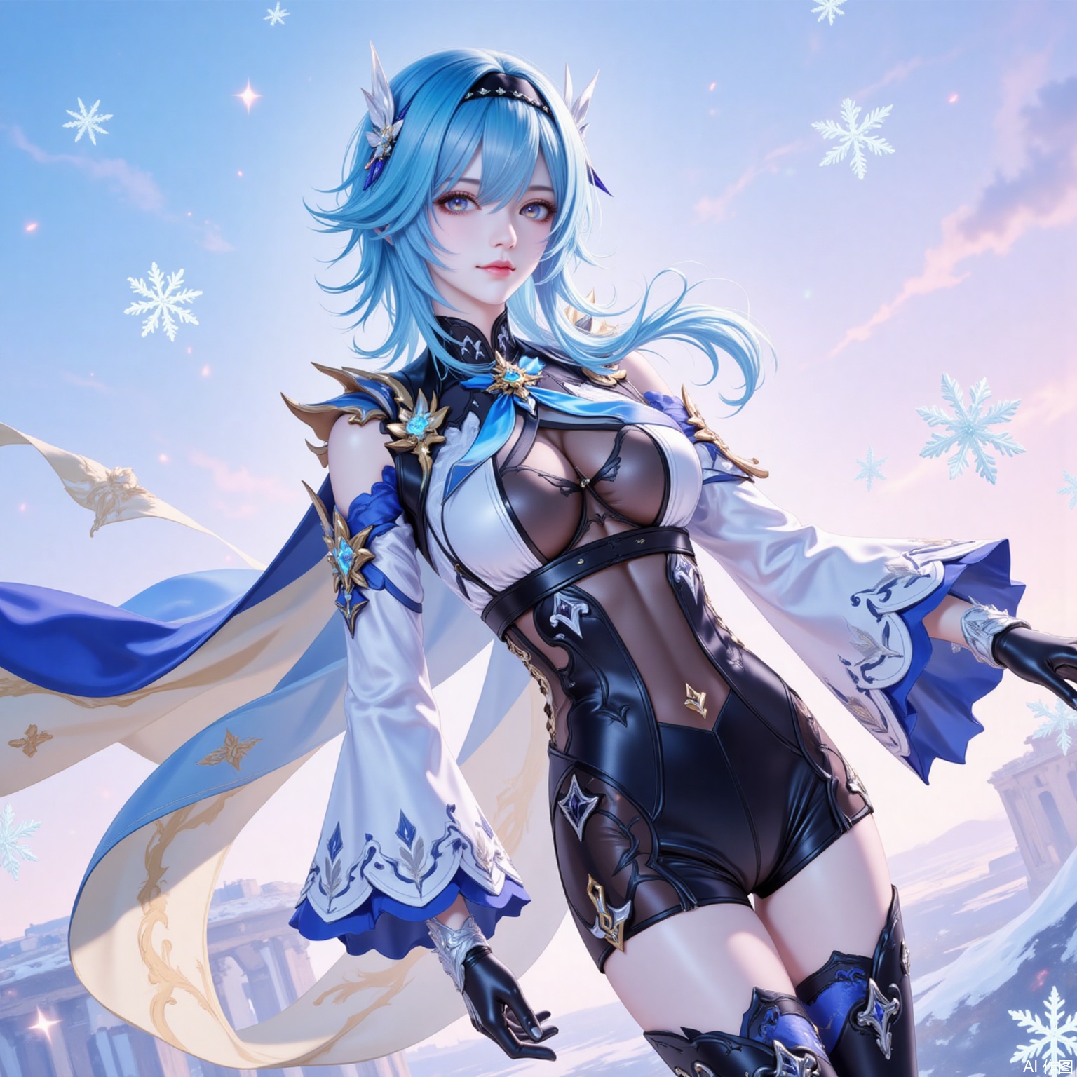 1girl, eula \(genshin impact\), solo, blue hair, breasts, gloves, hairband, thighhighs, necktie, long sleeves, looking at viewer, medium hair, black hairband, thigh boots, black gloves, vision \(genshin impact\), parted lips, cape, hair ornament, yellow eyes, snowflakes, boots, blue cape, blue necktie, sky, medium breasts, thighs, black thighhighs, outdoors, shorts, leotard, high-waist shorts, wide sleeves, standing, hand up, black leotard, clothing cutout, bodystocking, shoulder cutout, hair between eyes, gradient sky, multicolored eyes, sidelocks,7,
cover,simple background,gradient_background,Close-up details,outstanding style,adding a touch of dimension to your images without compromising details,
lvjing,youla