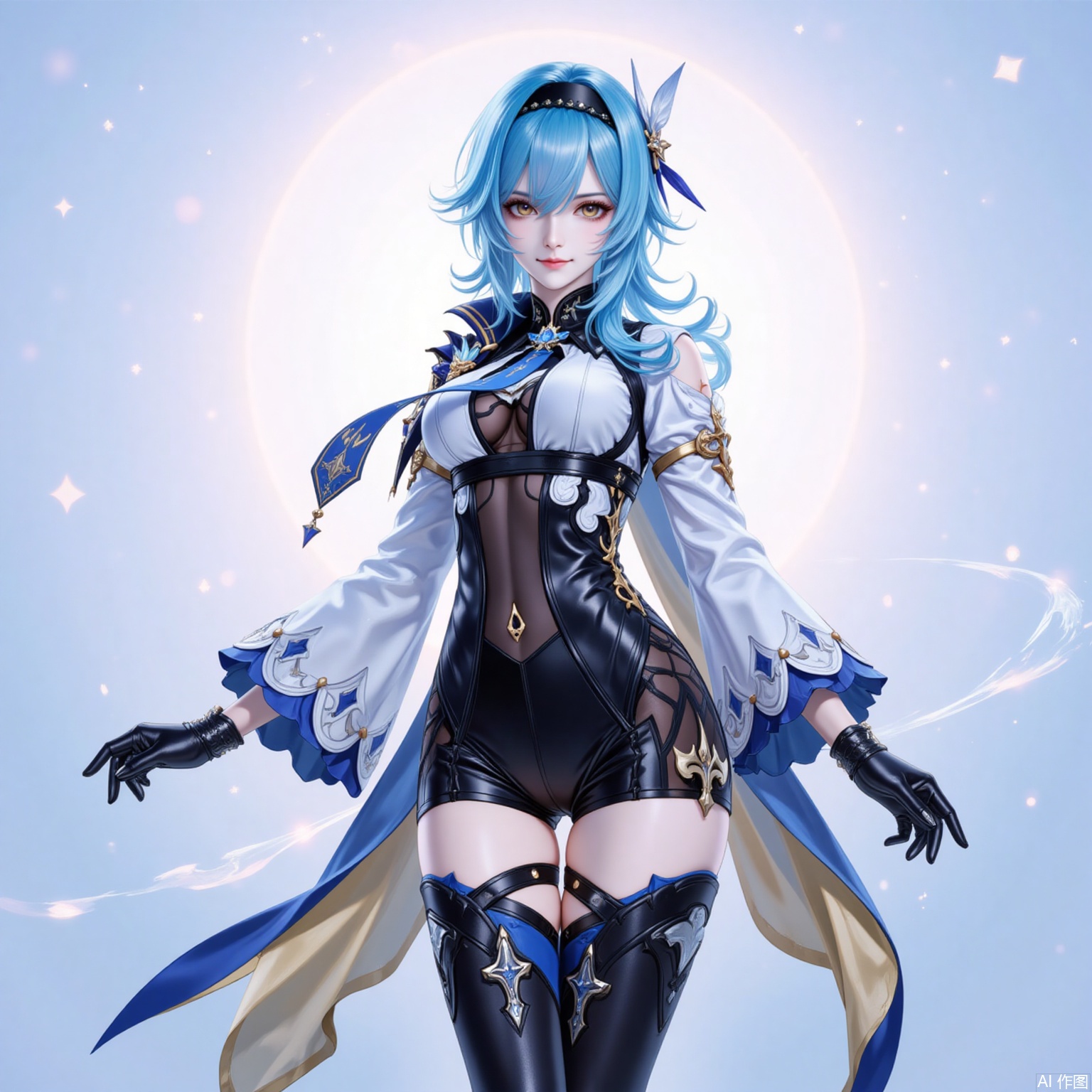 1girl,eula \(genshin impact\),solo,blue hair,breasts,hairband,gloves,thighhighs,full body,boots,necktie,thigh boots,blue necktie,long sleeves,looking at viewer,medium hair,black hairband,black gloves,yellow eyes,leotard,medium breasts,thighs,high-waist shorts,black thighhighs,hair ornament,black leotard,vision \(genshin impact\),cape,shorts,covered navel,black footwear,wide sleeves,smile,standing,1,,
cover,simple background,gradient_background,Close-up details,outstanding style,adding a touch of dimension to your images without compromising details,
lvjing,youla