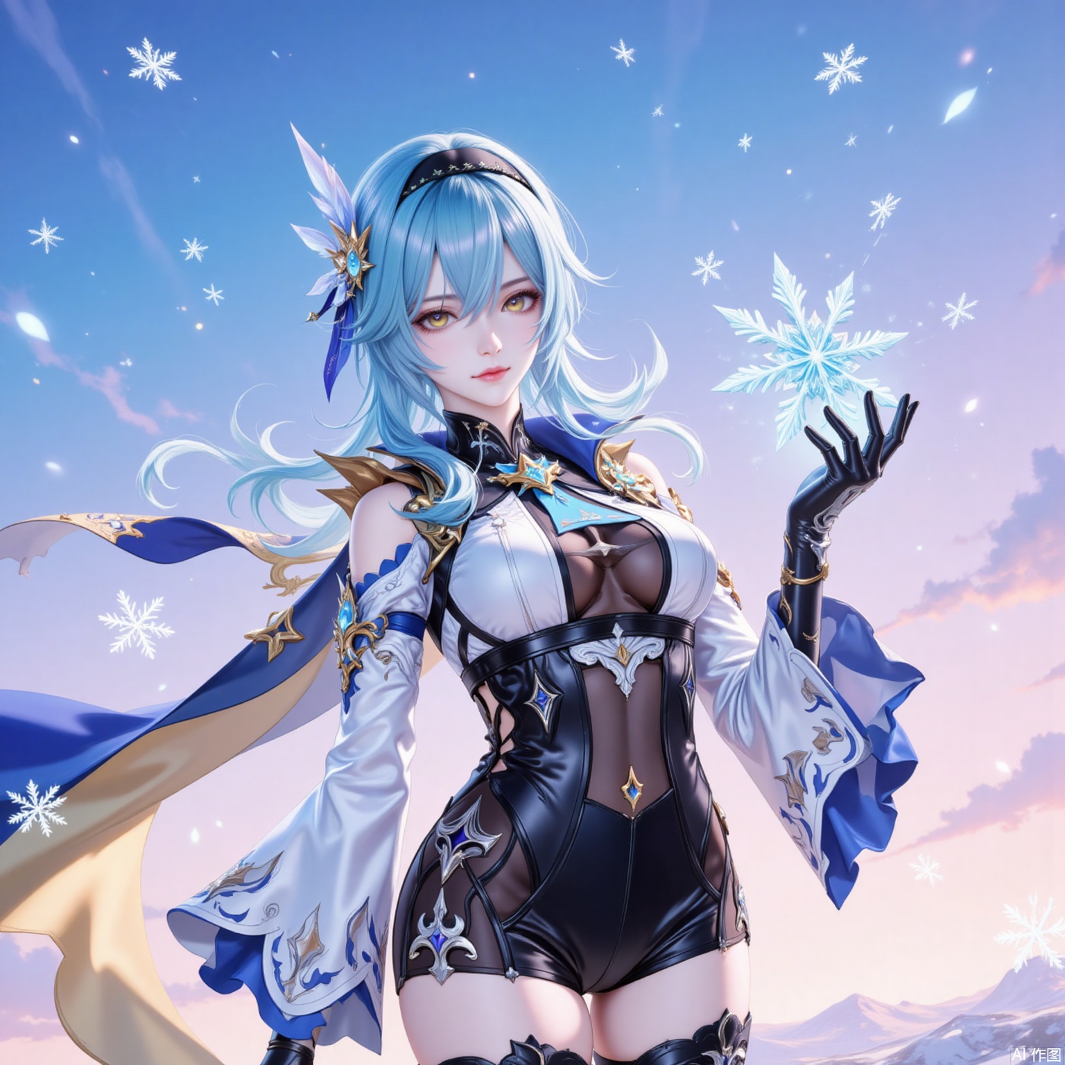 1girl, eula \(genshin impact\), solo, blue hair, breasts, gloves, hairband, thighhighs, necktie, long sleeves, looking at viewer, medium hair, black hairband, thigh boots, black gloves, vision \(genshin impact\), parted lips, cape, hair ornament, yellow eyes, snowflakes, boots, blue cape, blue necktie, sky, medium breasts, thighs, black thighhighs, outdoors, shorts, leotard, high-waist shorts, wide sleeves, standing, hand up, black leotard, clothing cutout, bodystocking, shoulder cutout, hair between eyes, gradient sky, multicolored eyes, sidelocks,7,
cover,simple background,gradient_background,Close-up details,outstanding style,adding a touch of dimension to your images without compromising details,
lvjing,youla