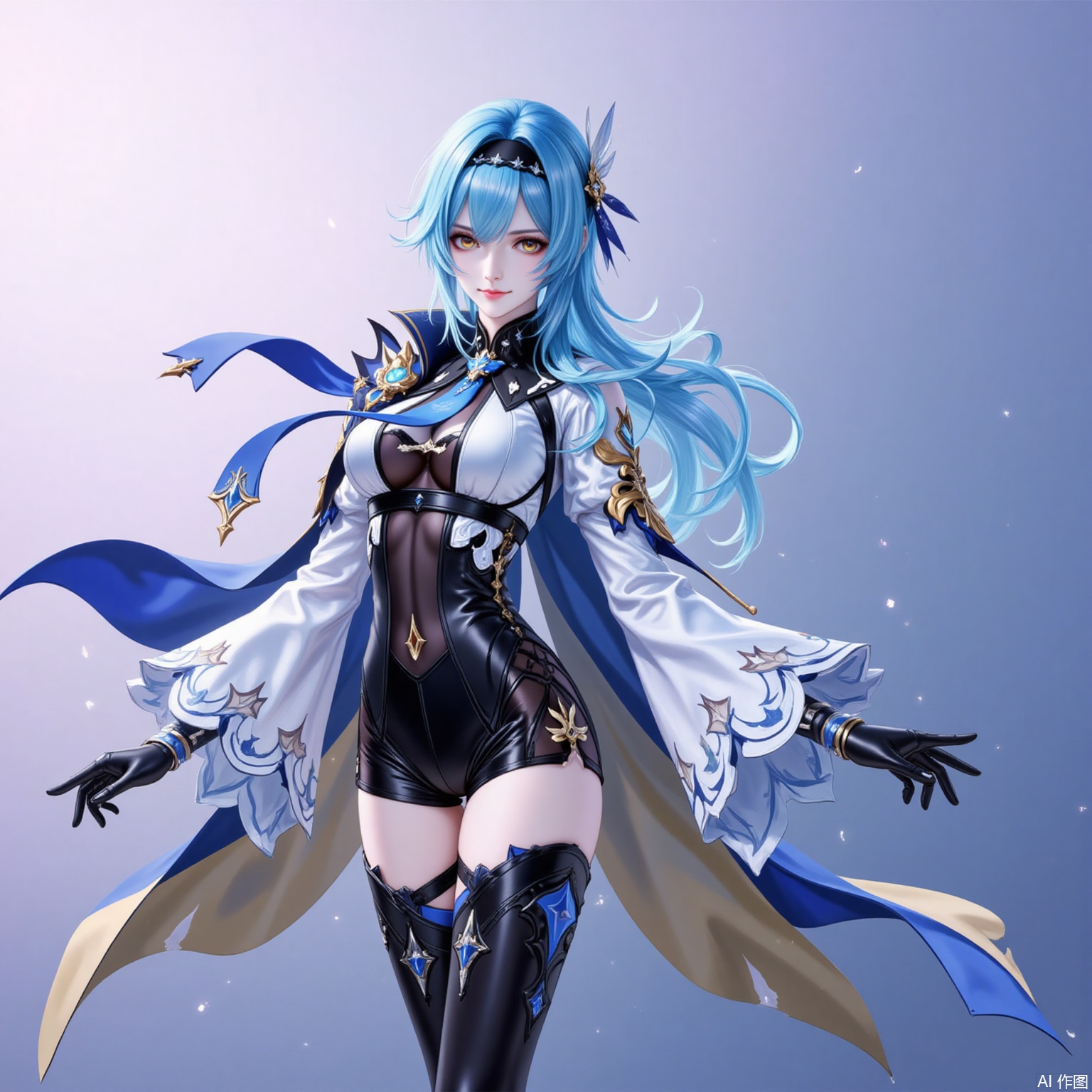 1girl,eula \(genshin impact\),solo,blue hair,breasts,hairband,gloves,thighhighs,full body,boots,necktie,thigh boots,blue necktie,long sleeves,looking at viewer,medium hair,black hairband,black gloves,yellow eyes,leotard,medium breasts,thighs,high-waist shorts,black thighhighs,hair ornament,black leotard,vision \(genshin impact\),cape,shorts,covered navel,black footwear,wide sleeves,smile,standing,1,,
cover,simple background,gradient_background,Close-up details,outstanding style,adding a touch of dimension to your images without compromising details,
lvjing,youla