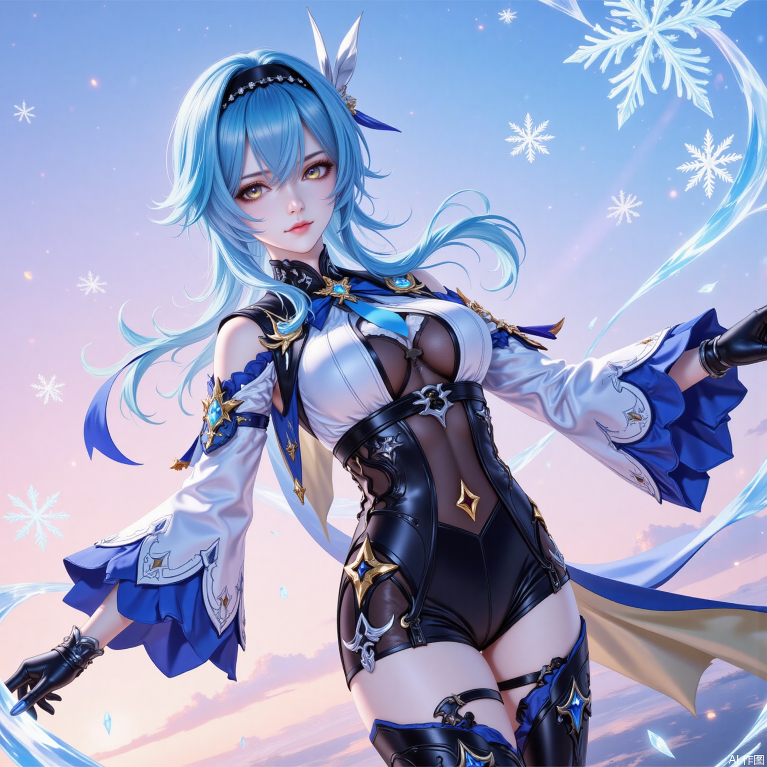 1girl, eula \(genshin impact\), solo, blue hair, breasts, gloves, hairband, thighhighs, necktie, long sleeves, looking at viewer, medium hair, black hairband, thigh boots, black gloves, vision \(genshin impact\), parted lips, cape, hair ornament, yellow eyes, snowflakes, boots, blue cape, blue necktie, sky, medium breasts, thighs, black thighhighs, outdoors, shorts, leotard, high-waist shorts, wide sleeves, standing, hand up, black leotard, clothing cutout, bodystocking, shoulder cutout, hair between eyes, gradient sky, multicolored eyes, sidelocks,7,
cover,simple background,gradient_background,Close-up details,outstanding style,adding a touch of dimension to your images without compromising details,
lvjing,youla