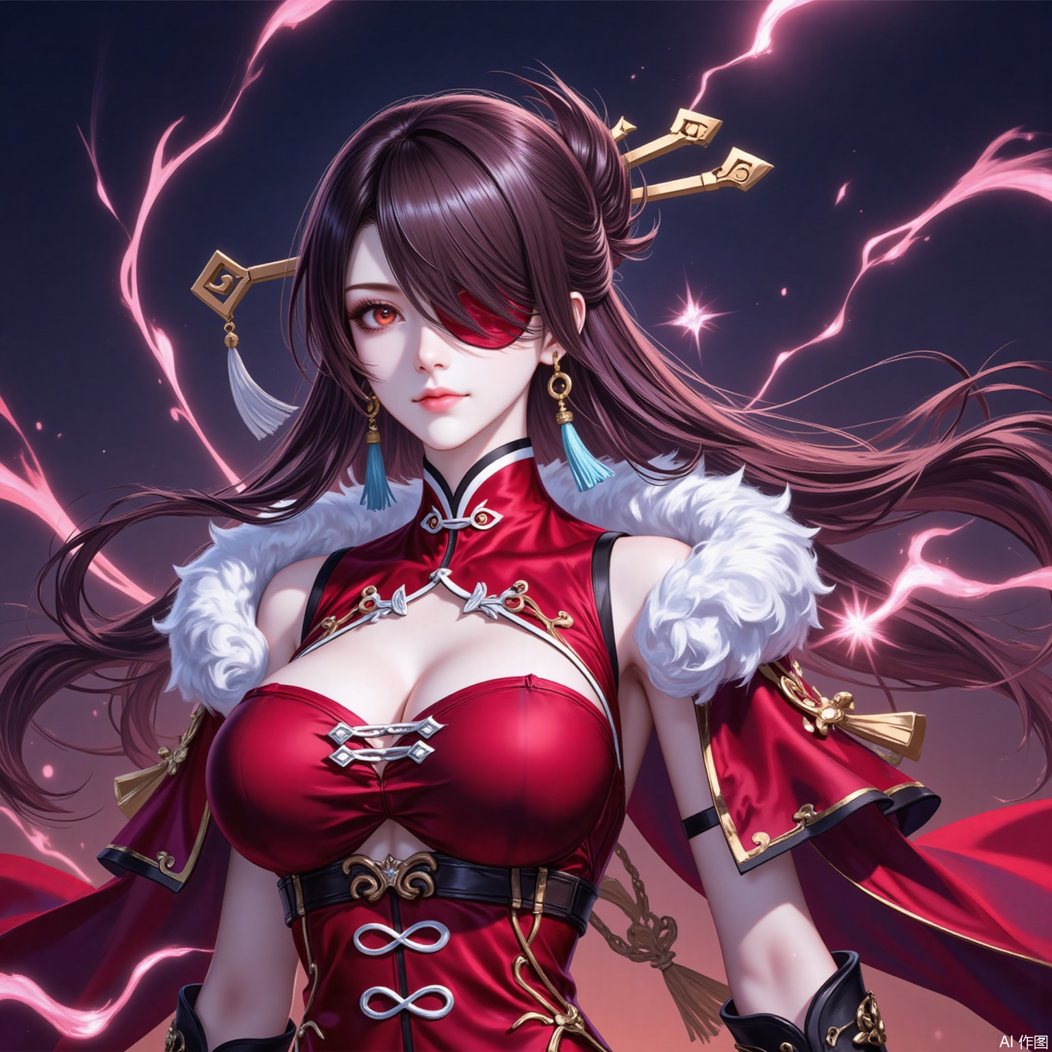 1girl, breasts, beidou \(genshin impact\), solo, long hair, gloves, eyepatch, cleavage, fingerless gloves, hair ornament, black gloves, brown hair, earrings, vision \(genshin impact\), jewelry, hair stick, looking at viewer, pelvic curtain, dress, red dress, red eyes, one eye covered, fur trim, tassel,  capelet, bare shoulders, hairpin, sleeveless, cowboy shot, hair over one eye, red capelet, large breasts, medium breasts, floating hair, chinese clothes,6,
cover,simple background,gradient_background,Close-up details,outstanding style,adding a touch of dimension to your images without compromising details,
lvjing,beidou