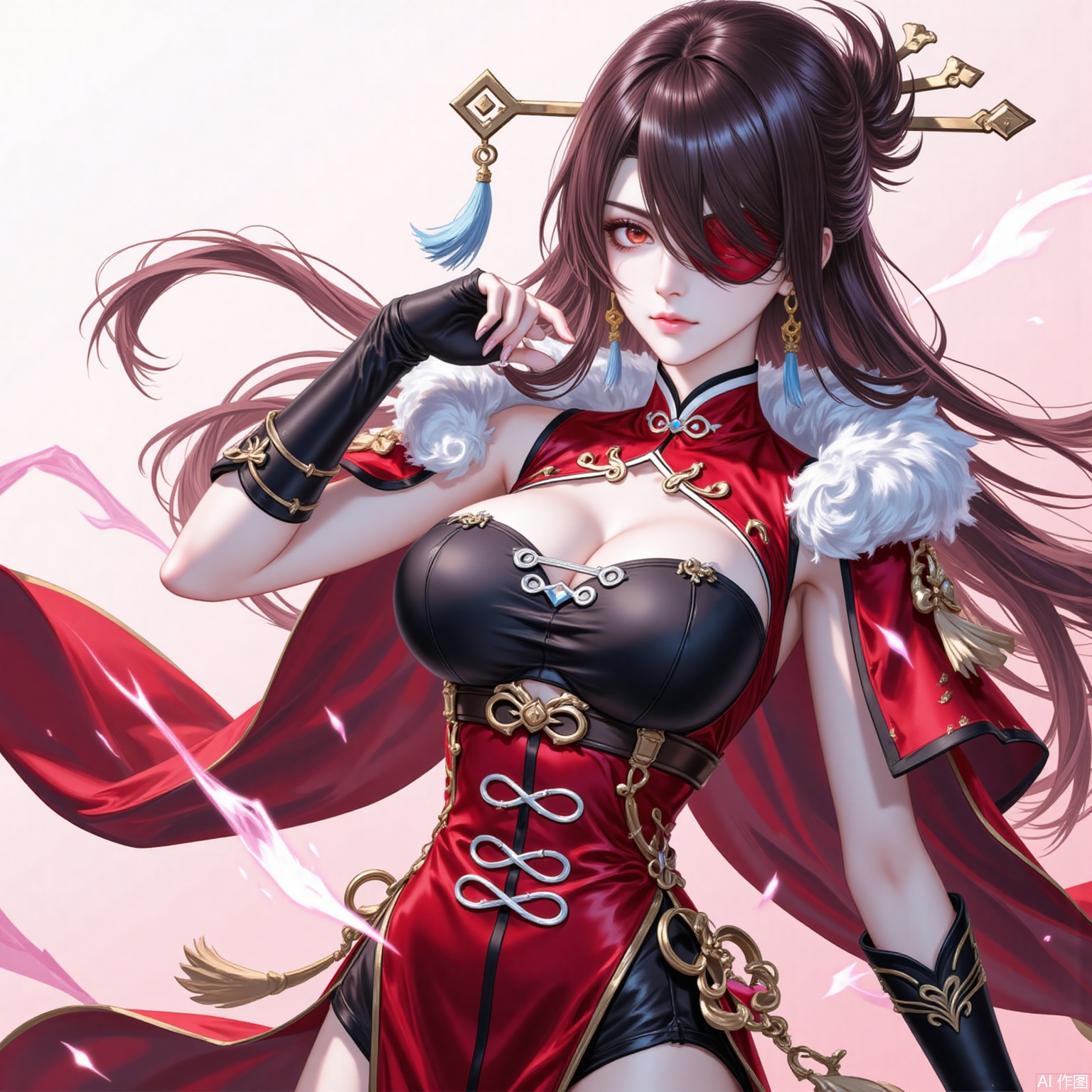 1girl, breasts, beidou \(genshin impact\), solo, long hair, gloves, eyepatch, cleavage, fingerless gloves, hair ornament, black gloves, brown hair, earrings, vision \(genshin impact\), jewelry, hair stick, looking at viewer, pelvic curtain, dress, red dress, red eyes, one eye covered, fur trim, tassel,  capelet, bare shoulders, hairpin, sleeveless, cowboy shot, hair over one eye, red capelet, large breasts, medium breasts, floating hair, chinese clothes,6,
cover,simple background,gradient_background,Close-up details,outstanding style,adding a touch of dimension to your images without compromising details,
lvjing,beidou