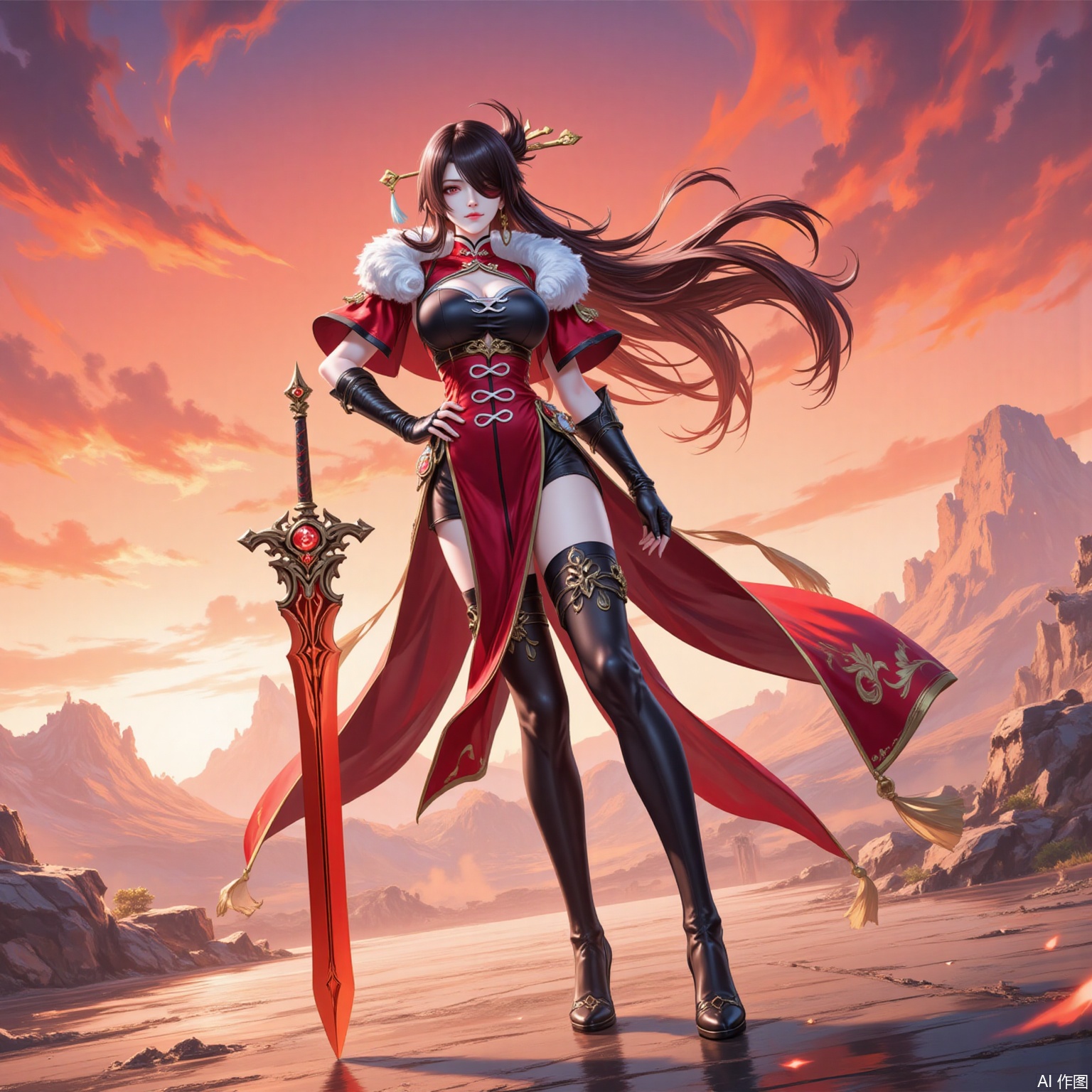 1girl, beidou \(genshin impact\), weapon, sword, red eyes, solo, long hair, eyepatch, thigh boots, hair ornament, thighhighs, breasts, boots, gloves, vision \(genshin impact\), fingerless gloves, full body, hair stick, pelvic curtain, looking at viewer, one eye covered, brown hair, sky, hand on own hip, standing, holding weapon, holding sword, hairpin, holding, high heels, black footwear, black gloves, tassel, hair over one eye, earrings, dress, greatsword, cloud, red capelet, outdoors, jewelry, cleavage, sunset, orange sky, chinese clothes, floating hair, planted, capelet, fur trim, smile, reflection, red dress, medium breasts,5,
cover,simple background,gradient_background,Close-up details,outstanding style,adding a touch of dimension to your images without compromising details,
lvjing,beidou
