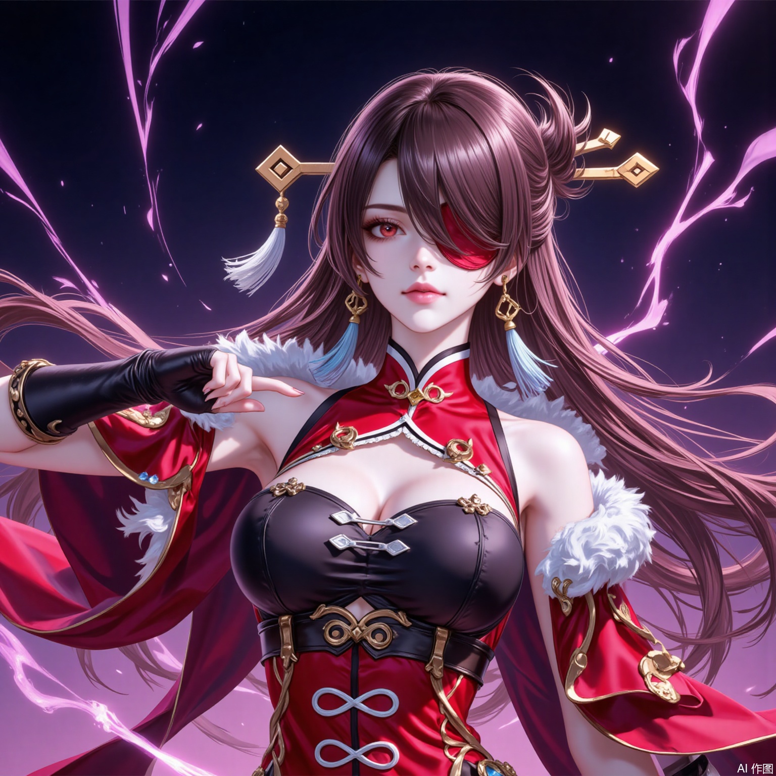 1girl, breasts, beidou \(genshin impact\), solo, long hair, gloves, eyepatch, cleavage, fingerless gloves, hair ornament, black gloves, brown hair, earrings, vision \(genshin impact\), jewelry, hair stick, looking at viewer, pelvic curtain, dress, red dress, red eyes, one eye covered, fur trim, tassel,  capelet, bare shoulders, hairpin, sleeveless, cowboy shot, hair over one eye, red capelet, large breasts, medium breasts, floating hair, chinese clothes,6,
cover,simple background,gradient_background,Close-up details,outstanding style,adding a touch of dimension to your images without compromising details,
lvjing,beidou