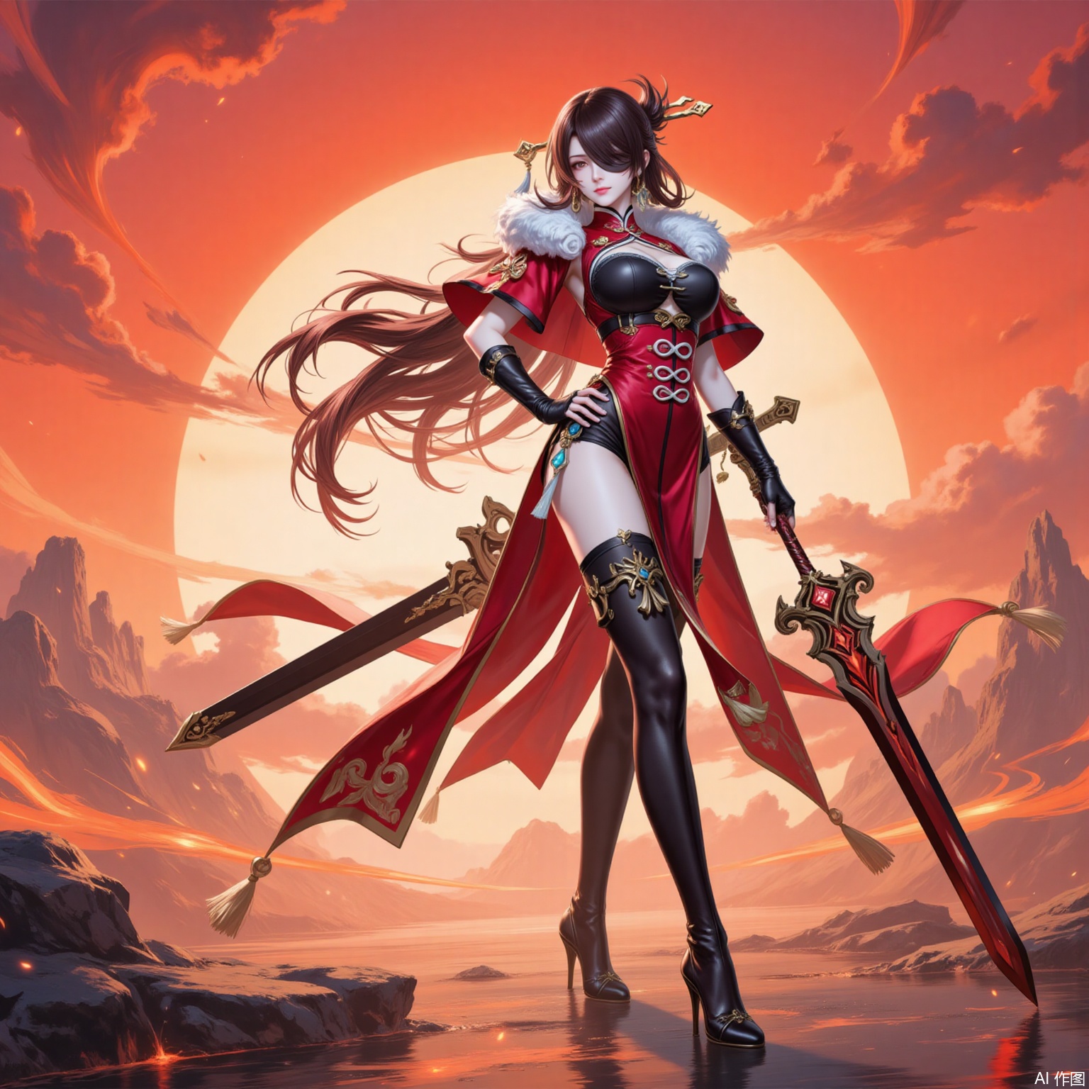 1girl, beidou \(genshin impact\), weapon, sword, red eyes, solo, long hair, eyepatch, thigh boots, hair ornament, thighhighs, breasts, boots, gloves, vision \(genshin impact\), fingerless gloves, full body, hair stick, pelvic curtain, looking at viewer, one eye covered, brown hair, sky, hand on own hip, standing, holding weapon, holding sword, hairpin, holding, high heels, black footwear, black gloves, tassel, hair over one eye, earrings, dress, greatsword, cloud, red capelet, outdoors, jewelry, cleavage, sunset, orange sky, chinese clothes, floating hair, planted, capelet, fur trim, smile, reflection, red dress, medium breasts,5,
cover,simple background,gradient_background,Close-up details,outstanding style,adding a touch of dimension to your images without compromising details,
lvjing,beidou