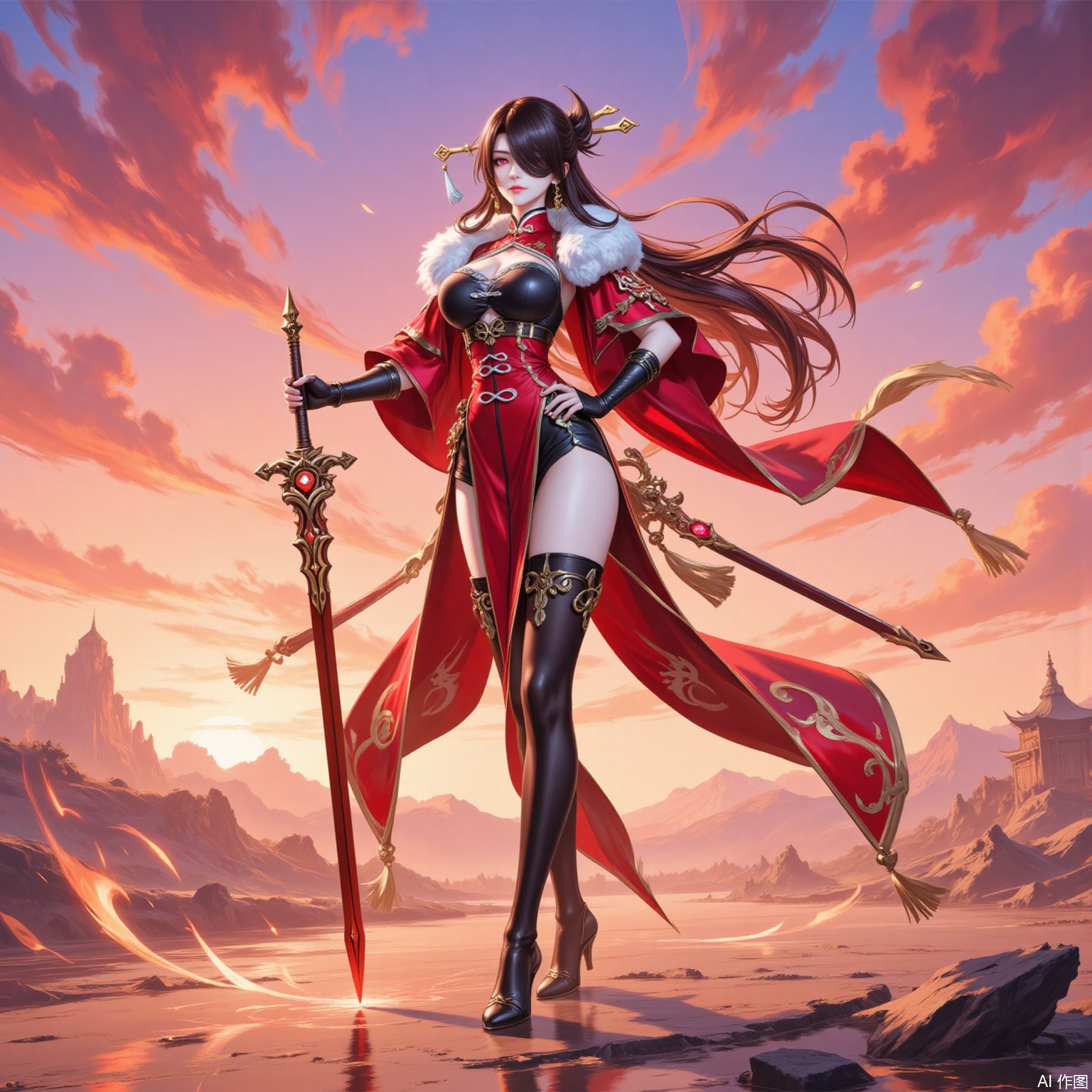 1girl, beidou \(genshin impact\), weapon, sword, red eyes, solo, long hair, eyepatch, thigh boots, hair ornament, thighhighs, breasts, boots, gloves, vision \(genshin impact\), fingerless gloves, full body, hair stick, pelvic curtain, looking at viewer, one eye covered, brown hair, sky, hand on own hip, standing, holding weapon, holding sword, hairpin, holding, high heels, black footwear, black gloves, tassel, hair over one eye, earrings, dress, greatsword, cloud, red capelet, outdoors, jewelry, cleavage, sunset, orange sky, chinese clothes, floating hair, planted, capelet, fur trim, smile, reflection, red dress, medium breasts,5,
cover,simple background,gradient_background,Close-up details,outstanding style,adding a touch of dimension to your images without compromising details,
lvjing,beidou