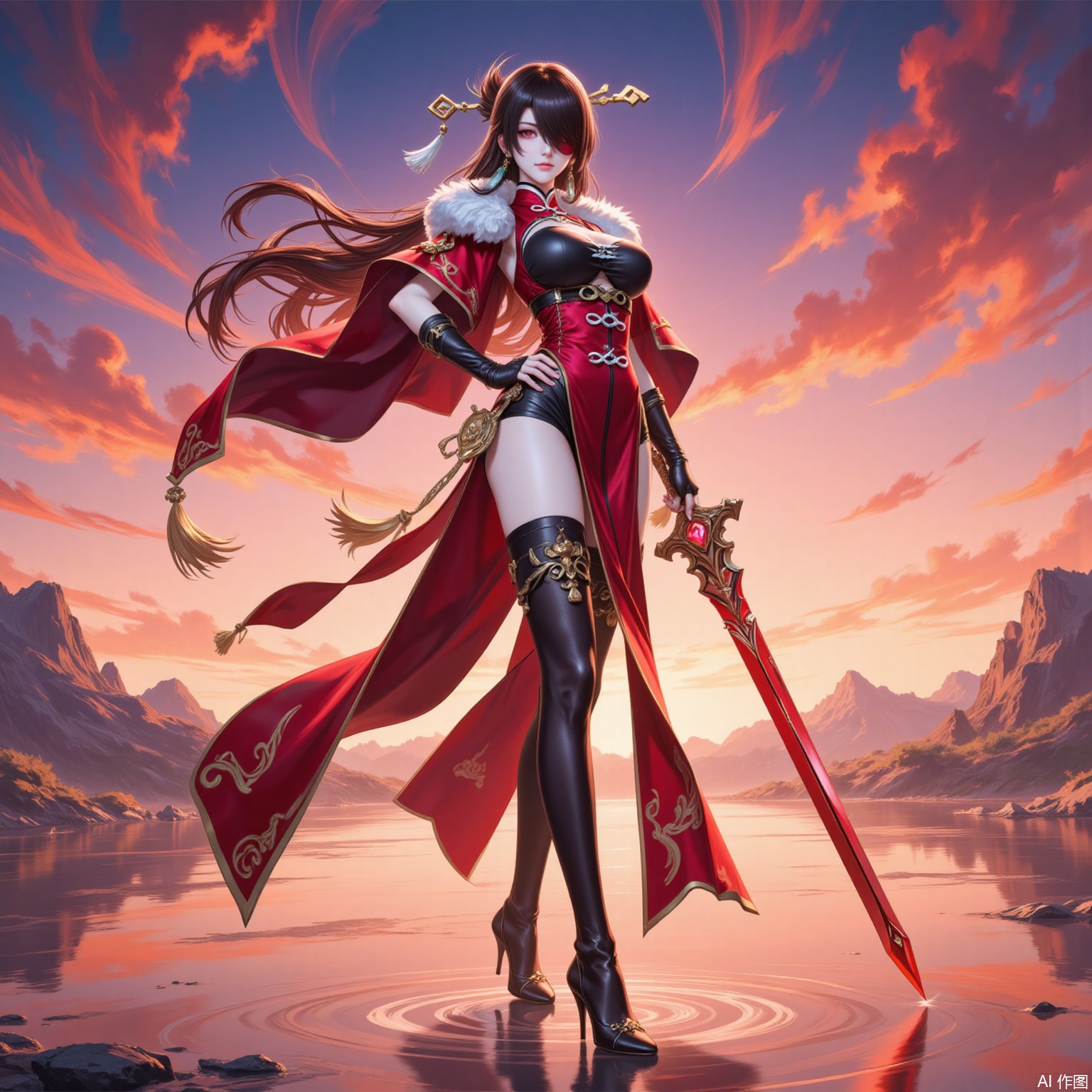 1girl, beidou \(genshin impact\), weapon, sword, red eyes, solo, long hair, eyepatch, thigh boots, hair ornament, thighhighs, breasts, boots, gloves, vision \(genshin impact\), fingerless gloves, full body, hair stick, pelvic curtain, looking at viewer, one eye covered, brown hair, sky, hand on own hip, standing, holding weapon, holding sword, hairpin, holding, high heels, black footwear, black gloves, tassel, hair over one eye, earrings, dress, greatsword, cloud, red capelet, outdoors, jewelry, cleavage, sunset, orange sky, chinese clothes, floating hair, planted, capelet, fur trim, smile, reflection, red dress, medium breasts,5,
cover,simple background,gradient_background,Close-up details,outstanding style,adding a touch of dimension to your images without compromising details,
lvjing,beidou