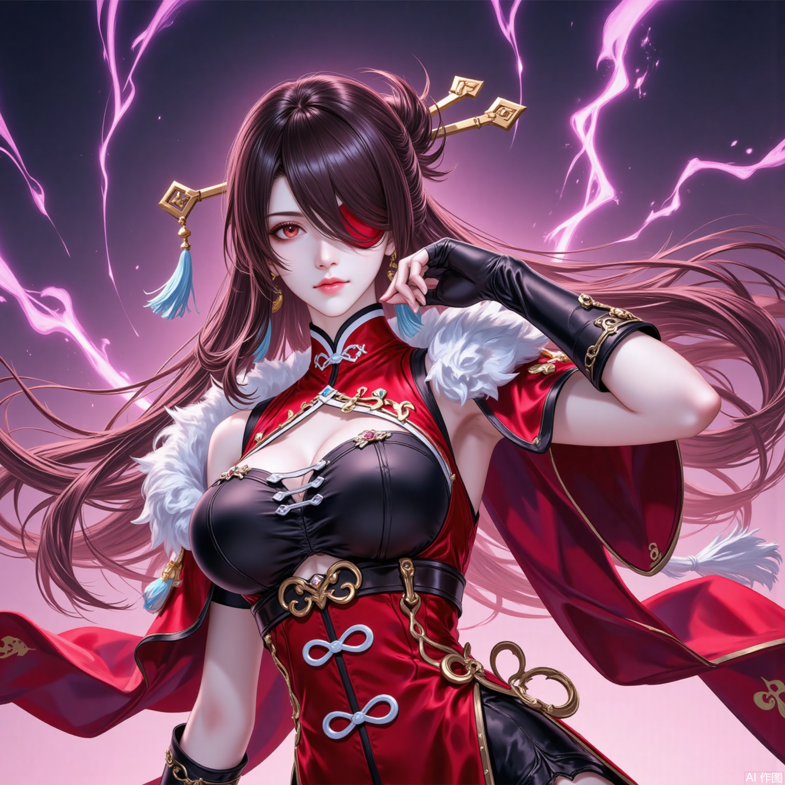 1girl, breasts, beidou \(genshin impact\), solo, long hair, gloves, eyepatch, cleavage, fingerless gloves, hair ornament, black gloves, brown hair, earrings, vision \(genshin impact\), jewelry, hair stick, looking at viewer, pelvic curtain, dress, red dress, red eyes, one eye covered, fur trim, tassel,  capelet, bare shoulders, hairpin, sleeveless, cowboy shot, hair over one eye, red capelet, large breasts, medium breasts, floating hair, chinese clothes,6,
cover,simple background,gradient_background,Close-up details,outstanding style,adding a touch of dimension to your images without compromising details,
lvjing,beidou