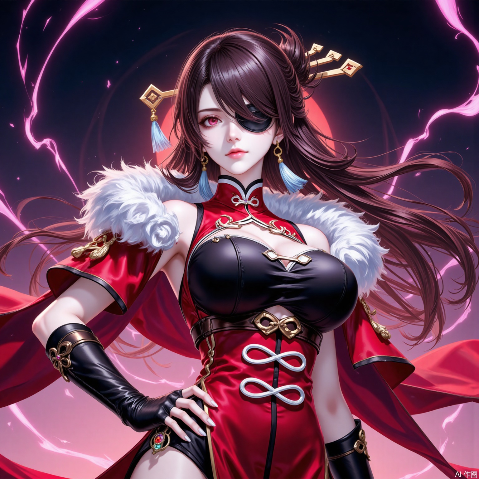 1girl, breasts, beidou \(genshin impact\), solo, long hair, gloves, eyepatch, cleavage, fingerless gloves, hair ornament, black gloves, brown hair, earrings, vision \(genshin impact\), jewelry, hair stick, looking at viewer, pelvic curtain, dress, red dress, red eyes, one eye covered, fur trim, tassel,  capelet, bare shoulders, hairpin, sleeveless, cowboy shot, hair over one eye, red capelet, large breasts, medium breasts, floating hair, chinese clothes,6,
cover,simple background,gradient_background,Close-up details,outstanding style,adding a touch of dimension to your images without compromising details,
lvjing,beidou