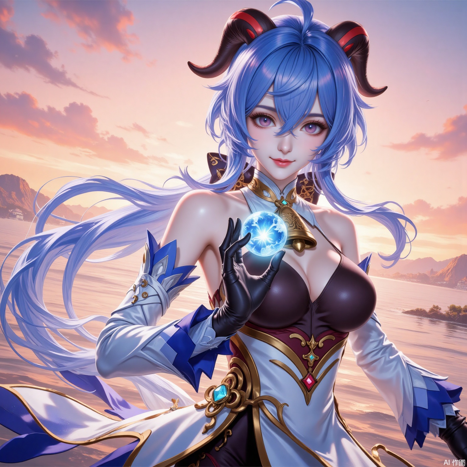 1girl, ganyu \(genshin impact\), solo, horns, breasts, blue hair, orb, long hair, detached sleeves, ahoge, gloves, bell, looking at viewer, bare shoulders, smile, black gloves, medium breasts, purple eyes, vision \(genshin impact\), bodystocking, neck bell, gold trim, sky, goat horns, sidelocks, sunset, white sleeves, outdoors, flower knot, ocean, water, hair between eyes, bow, orange sky, long sleeves, closed mouth,6
cover,simple background,gradient_background,Close-up details,outstanding style,adding a touch of dimension to your images without compromising details,
lvjing,ganyu