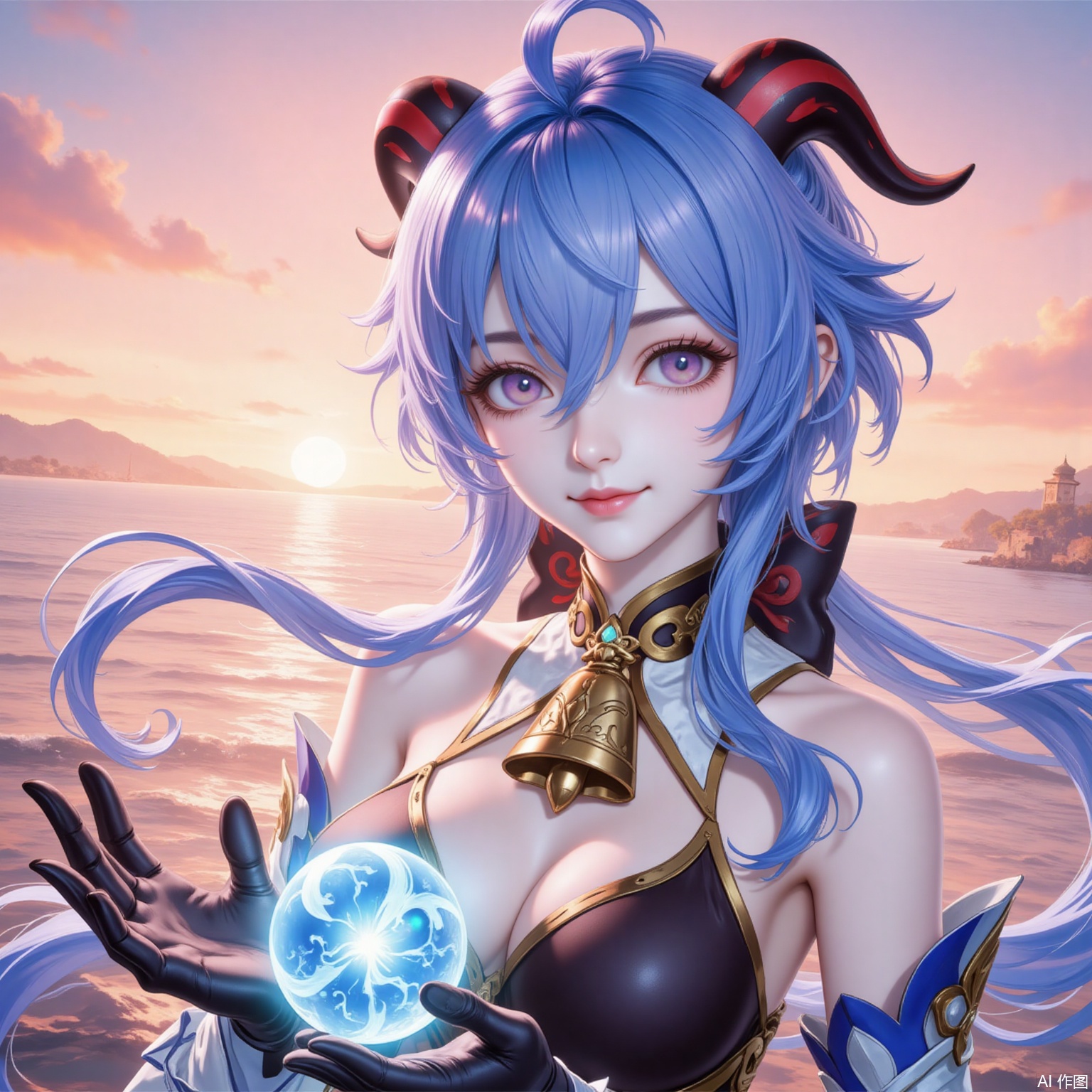 1girl, ganyu \(genshin impact\), solo, horns, breasts, blue hair, orb, long hair, detached sleeves, ahoge, gloves, bell, looking at viewer, bare shoulders, smile, black gloves, medium breasts, purple eyes, vision \(genshin impact\), bodystocking, neck bell, gold trim, sky, goat horns, sidelocks, sunset, white sleeves, outdoors, flower knot, ocean, water, hair between eyes, bow, orange sky, long sleeves, closed mouth,6
cover,simple background,gradient_background,Close-up details,outstanding style,adding a touch of dimension to your images without compromising details,
lvjing,ganyu