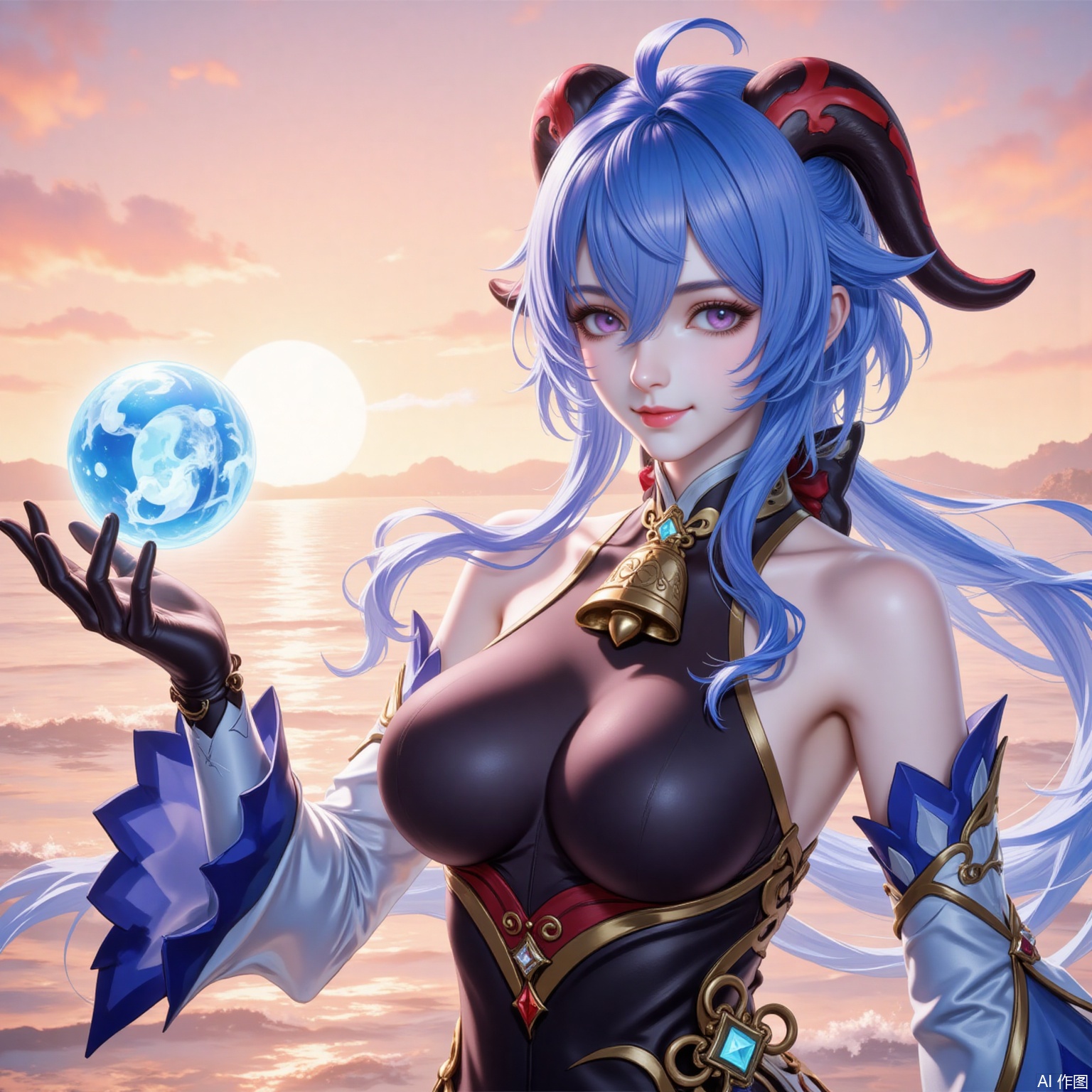 1girl, ganyu \(genshin impact\), solo, horns, breasts, blue hair, orb, long hair, detached sleeves, ahoge, gloves, bell, looking at viewer, bare shoulders, smile, black gloves, medium breasts, purple eyes, vision \(genshin impact\), bodystocking, neck bell, gold trim, sky, goat horns, sidelocks, sunset, white sleeves, outdoors, flower knot, ocean, water, hair between eyes, bow, orange sky, long sleeves, closed mouth,6
cover,simple background,gradient_background,Close-up details,outstanding style,adding a touch of dimension to your images without compromising details,
lvjing,ganyu